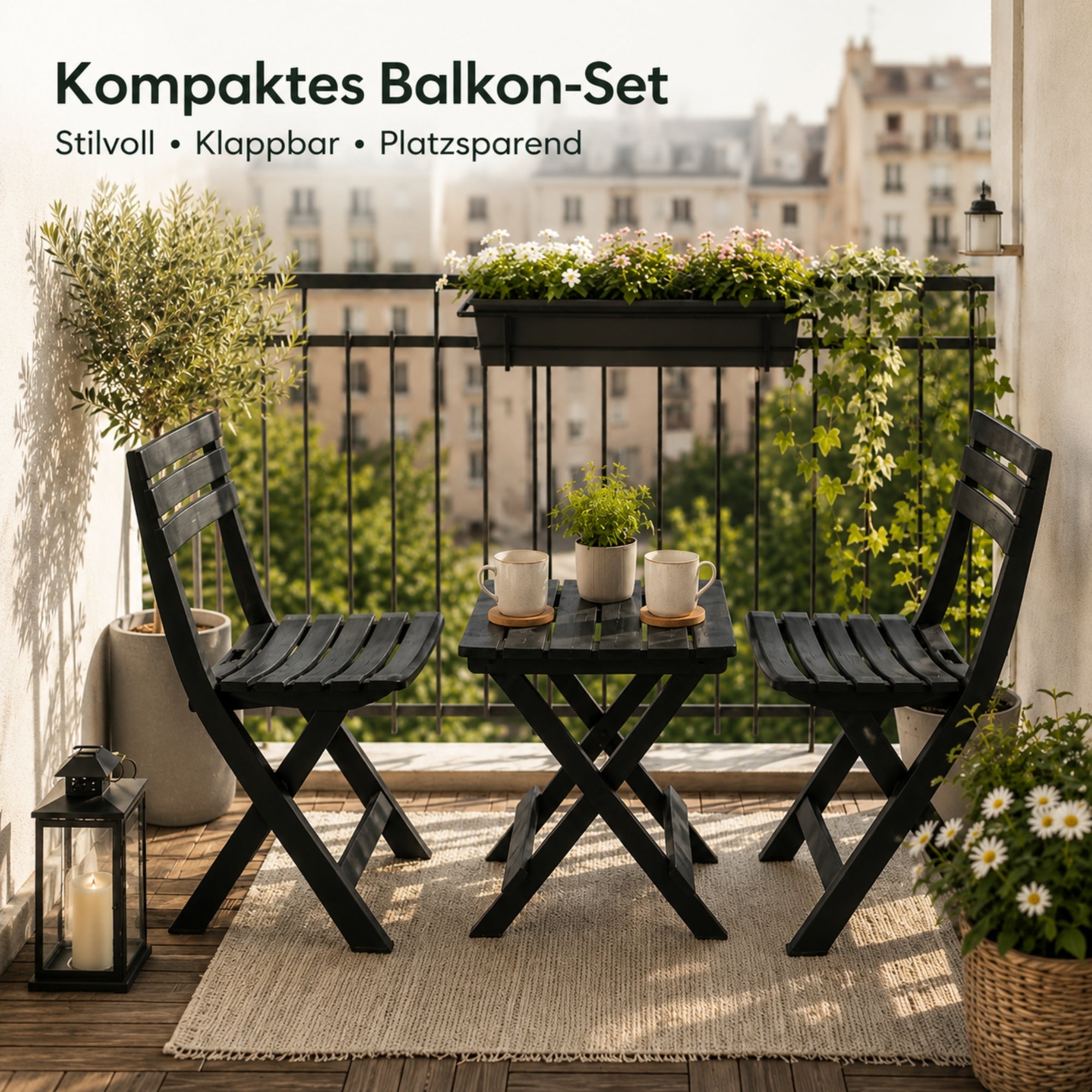 BigDean Garten Gartenmöbel Set 2+1 klappbar anthrazit wetterfest