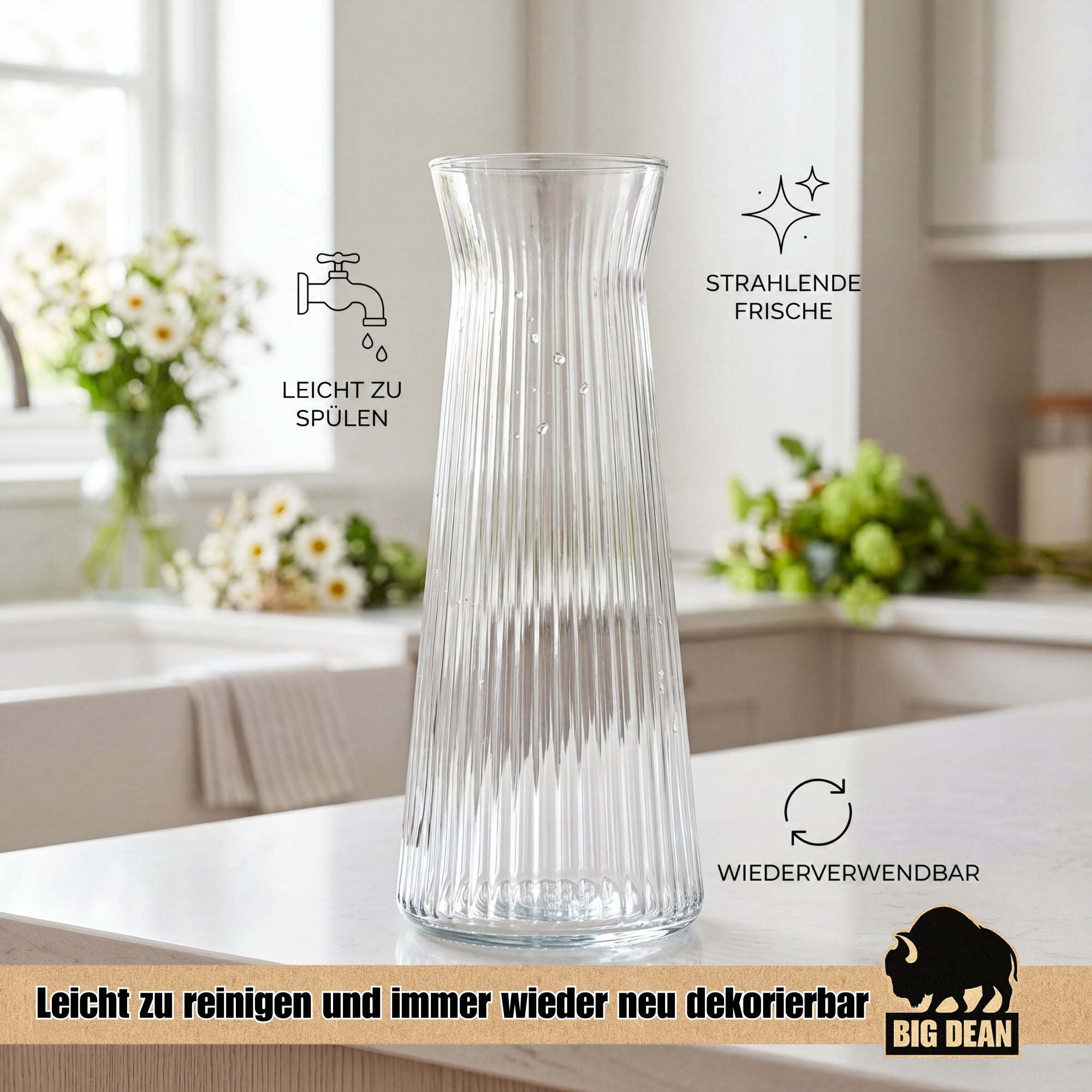 BigDean Haushalt Blumenvasen Glas Riffeldesign 25 cm 2er Set klar