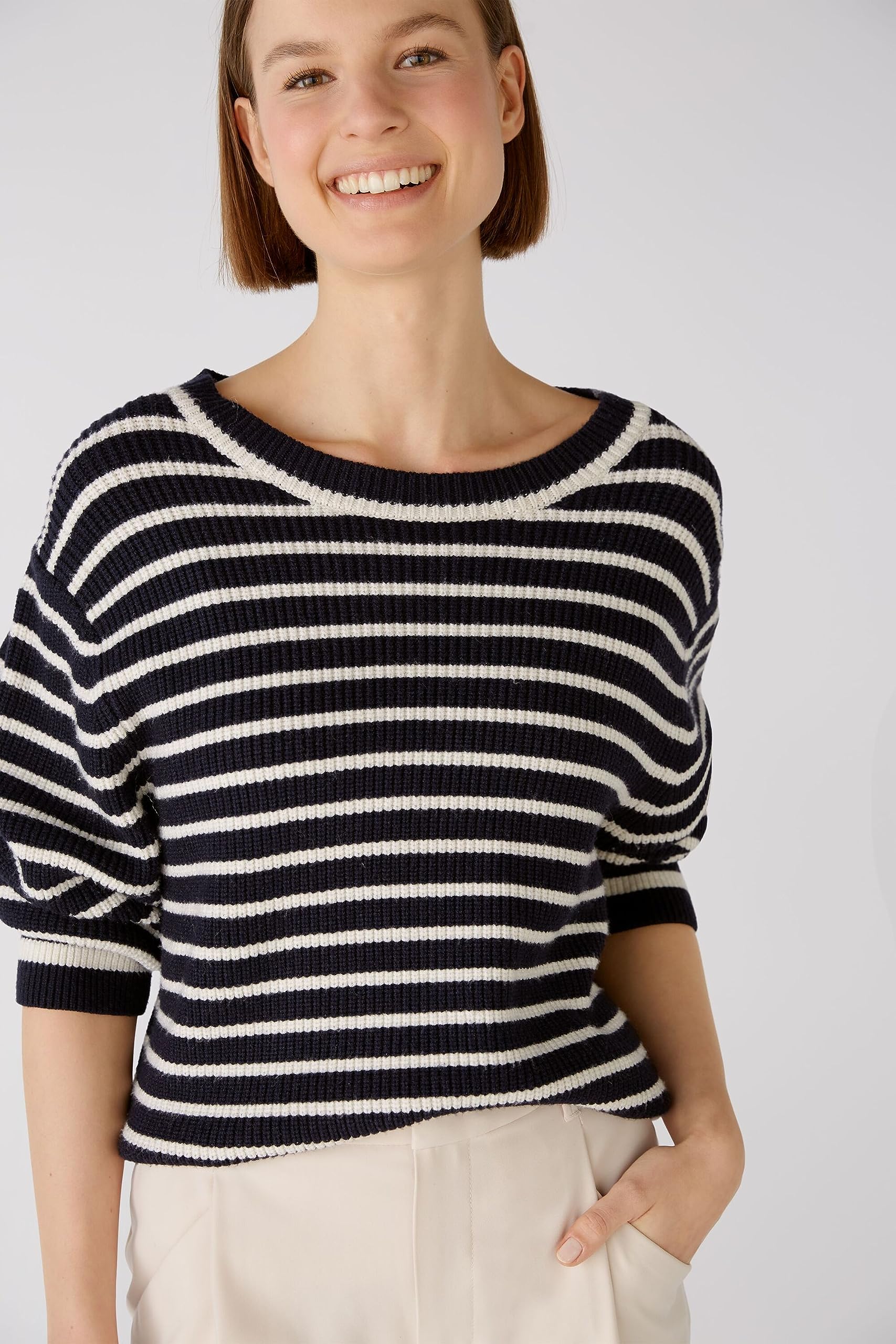 Oui Damen Pullover Boxy gestreift Viskosemischung Rundhals