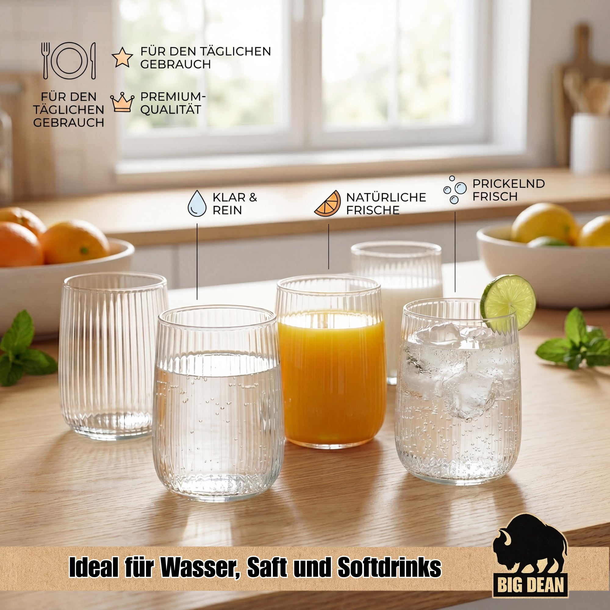 BigDean Küche Trinkgläser Geriffelt 320ml 6er Set spülmaschinenfest