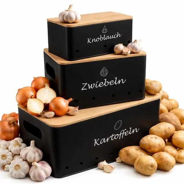 BigDean Kartoffelbox 3er Set Metall mit Bambusdeckel