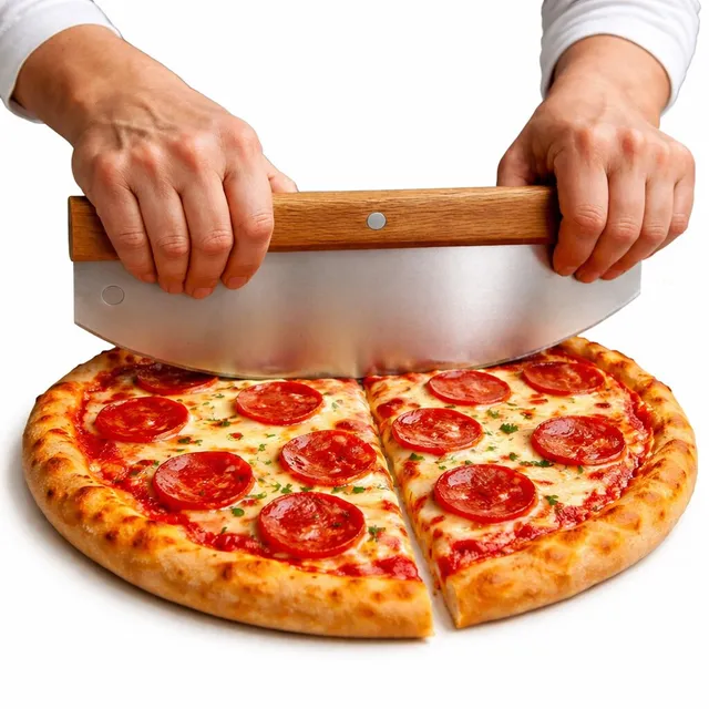 BigDean Pizzaschneider 32 cm Edelstahl Holzgriff Wiegemesser