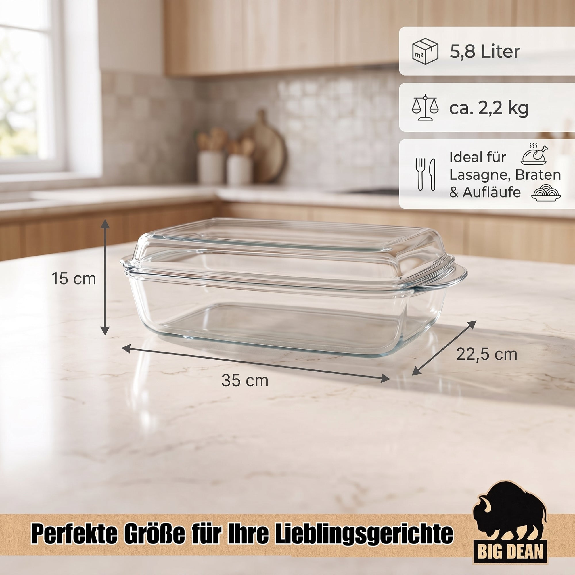 BigDean Auflaufform mit Deckel 5,8L Glasbräter rechteckig