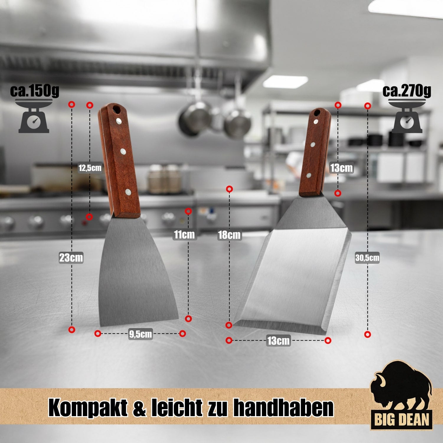 BigDean Grillspachtel Edelstahl 2er Set Grillwender Holzgriff