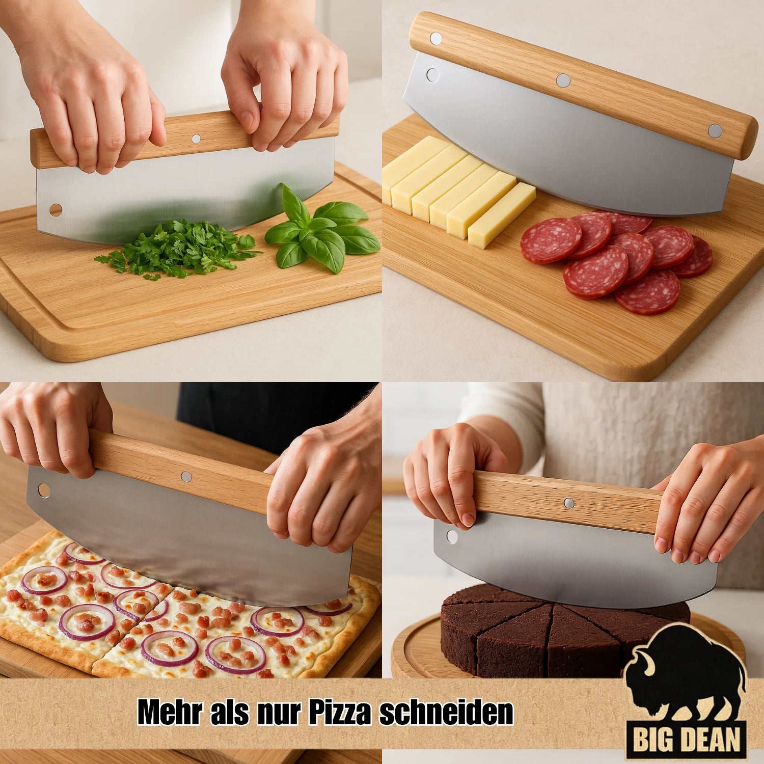 BigDean Pizzamesser Wiegemesser 32 cm Edelstahl Holzgriff