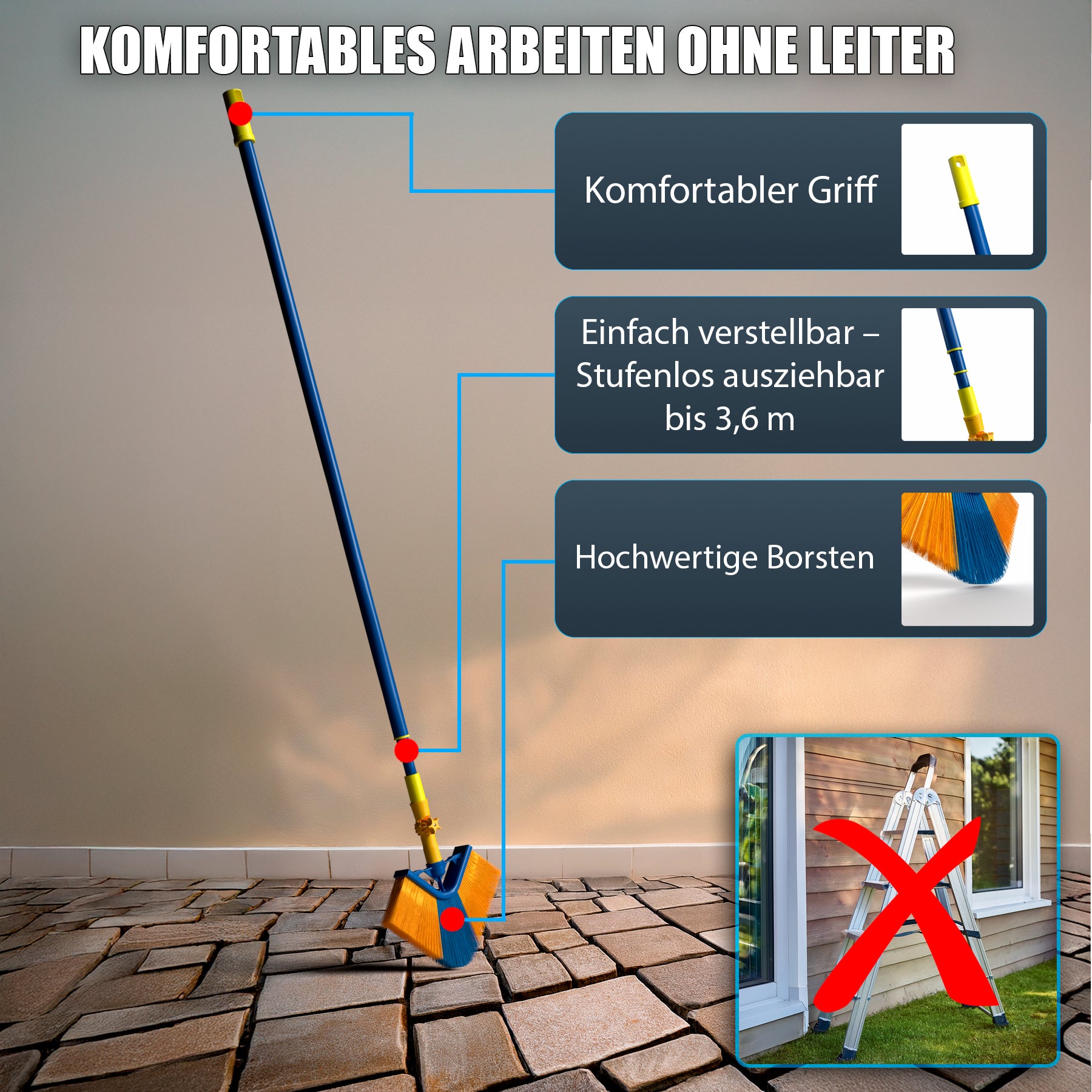 BigDean Eckbesen Teleskopstange 4m Spinnenbesen 5m