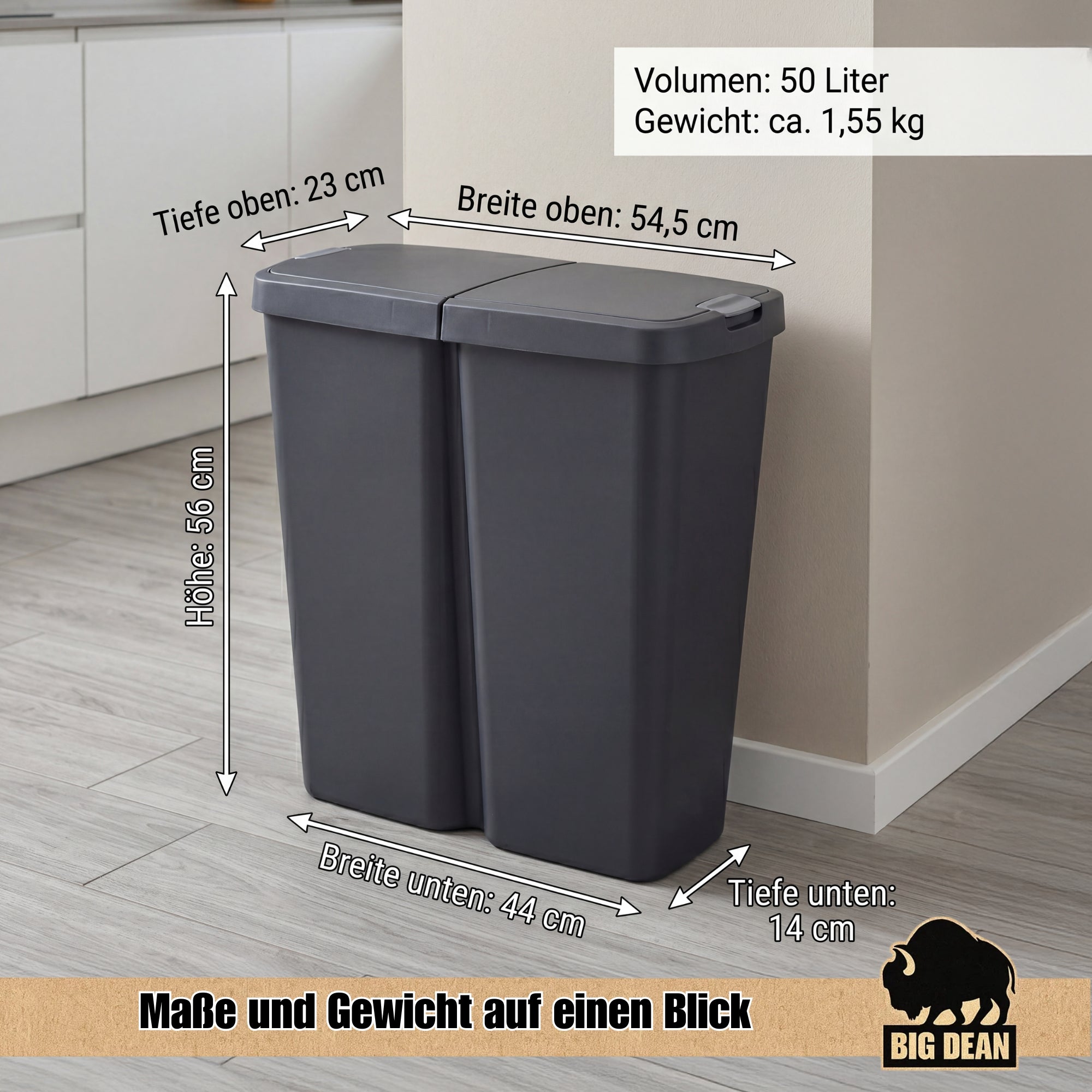 BigDean Duo Bin Mülleimer 2x25L Anthrazit Mülltrennung