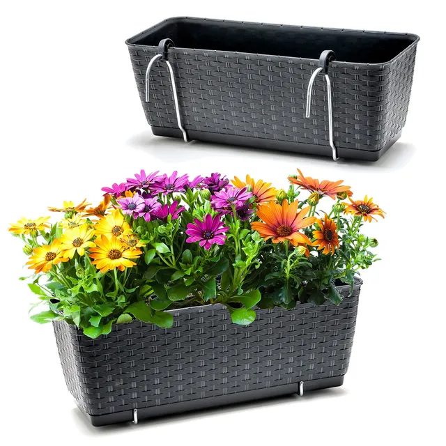 BigDean Garten Blumenkästen Rattan Anthrazit 2er Set Halterung