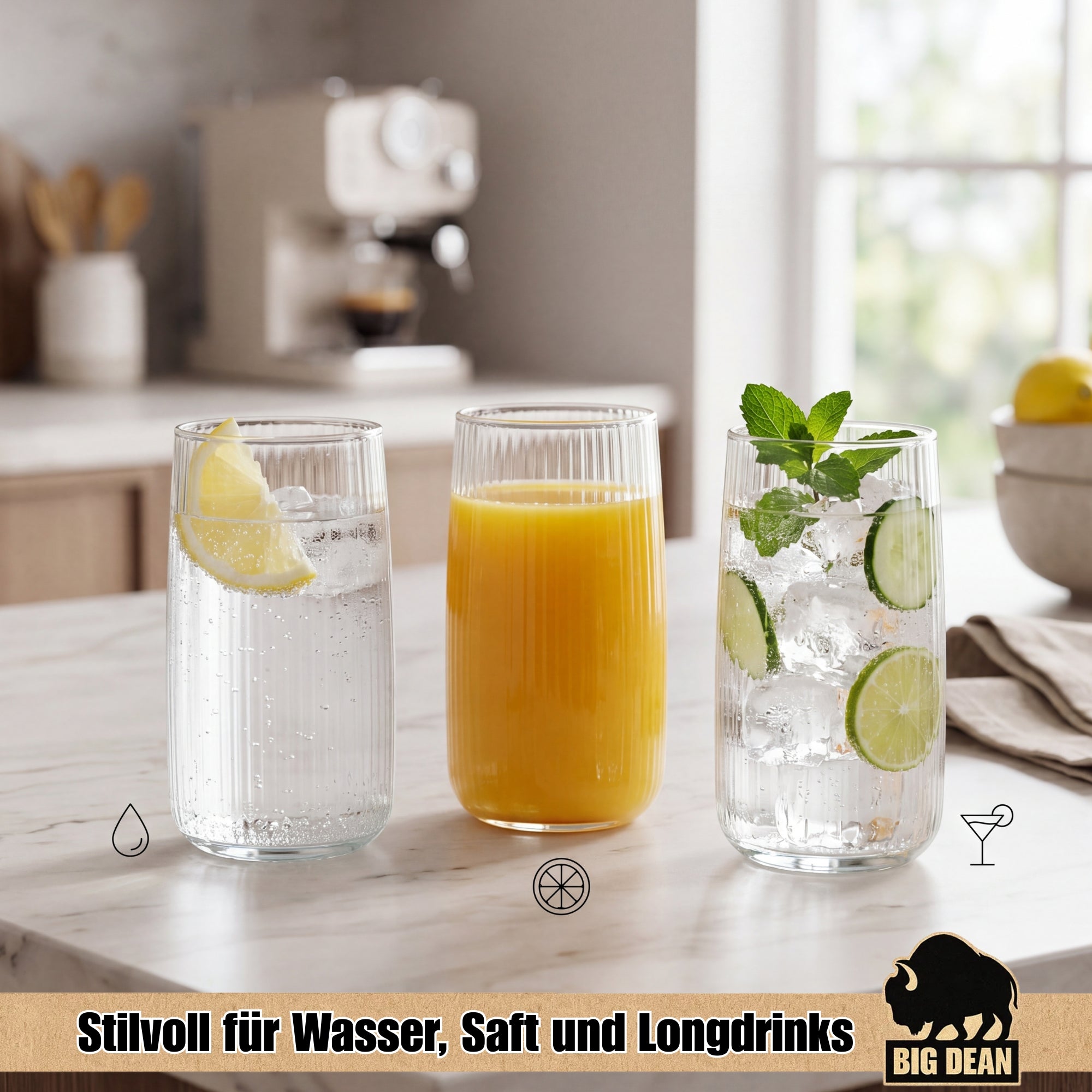 BigDean Trinkgläser Geriffelt 509ml Wassergläser 6er Set