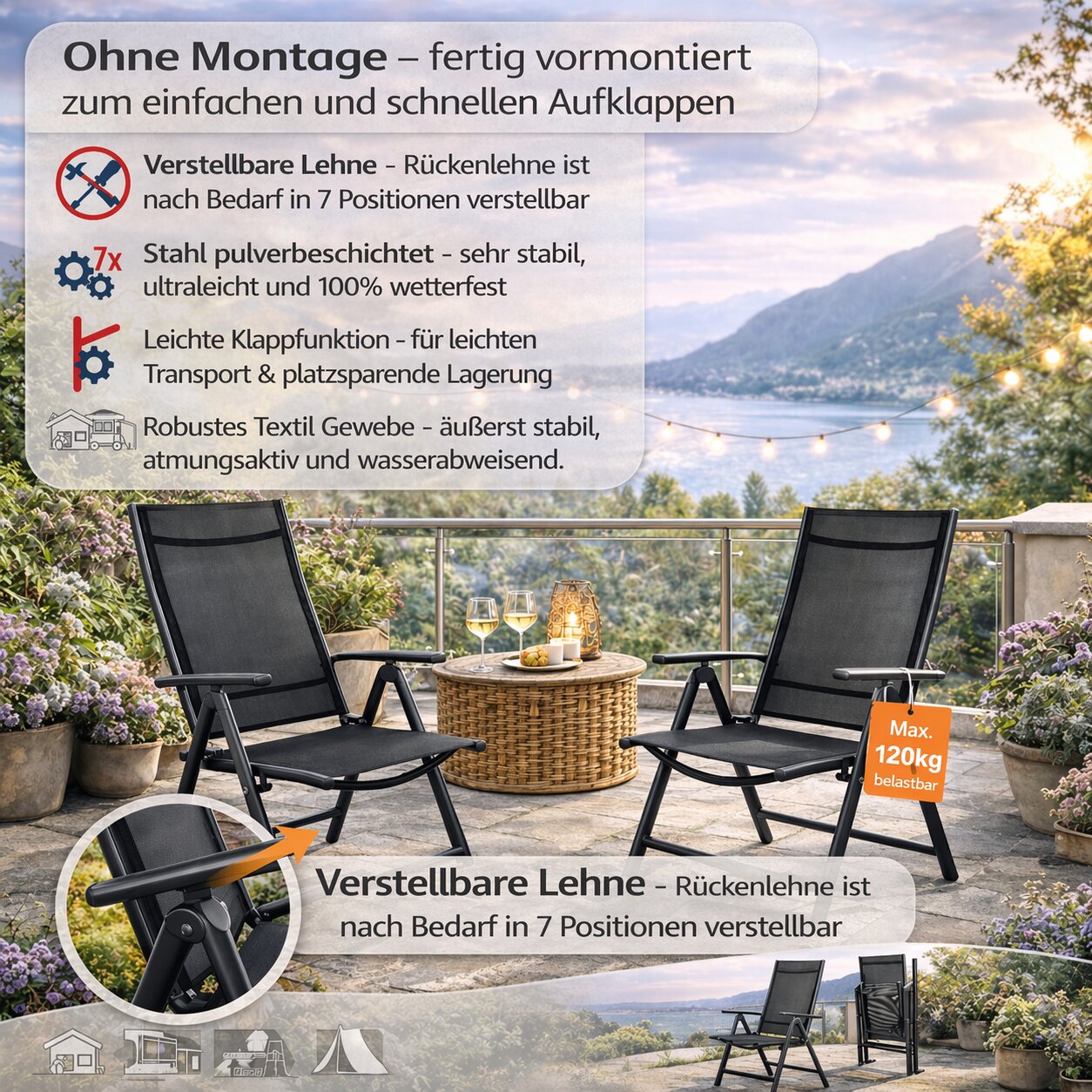 BigDean Garten Gartenstuhl Hochlehner 2er Set schwarz klappbar