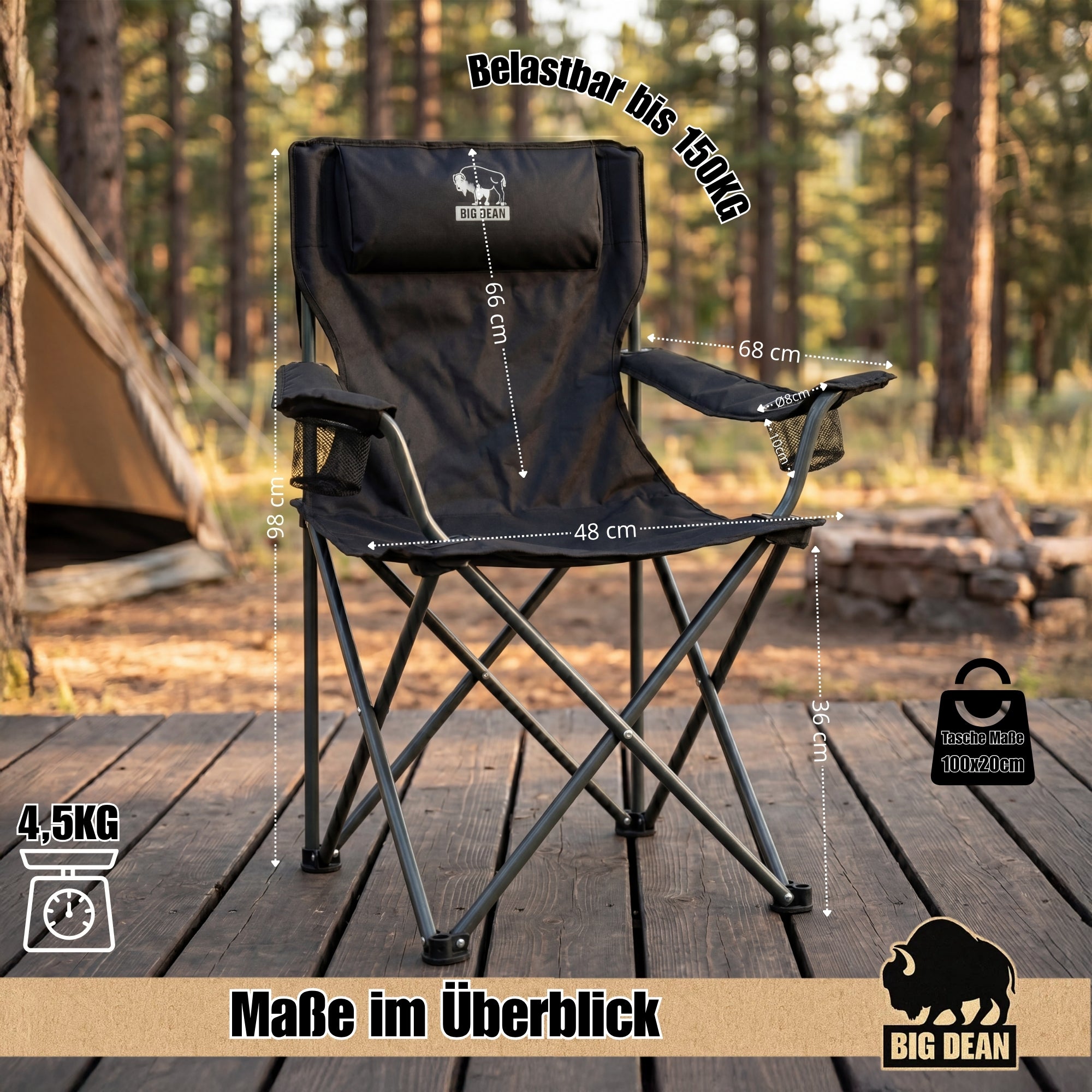 BigDean Garten Campingstuhl XXL 150 kg 2er Set mit Halter
