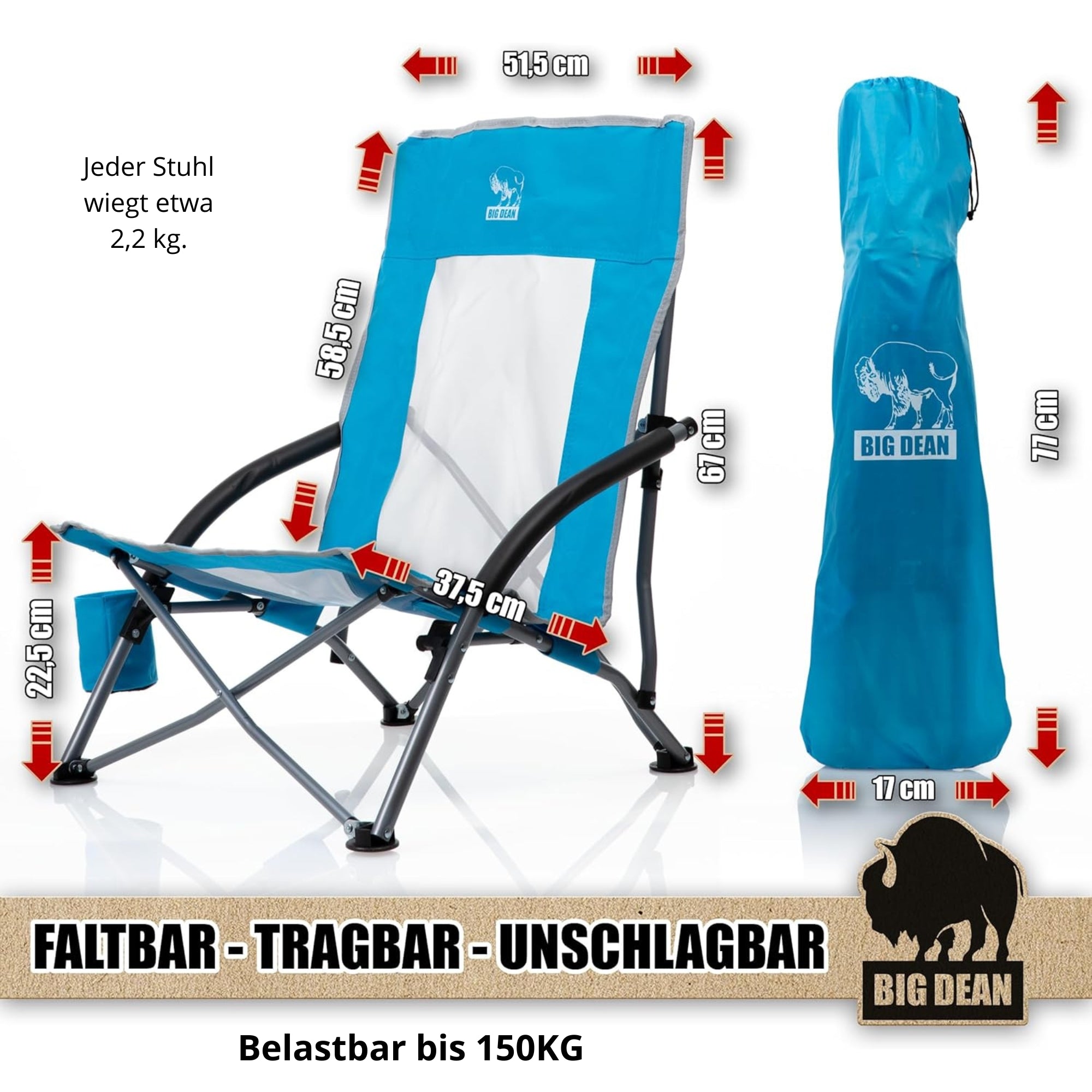 BigDean Strandstuhl klappbar Getränkehalter Tasche