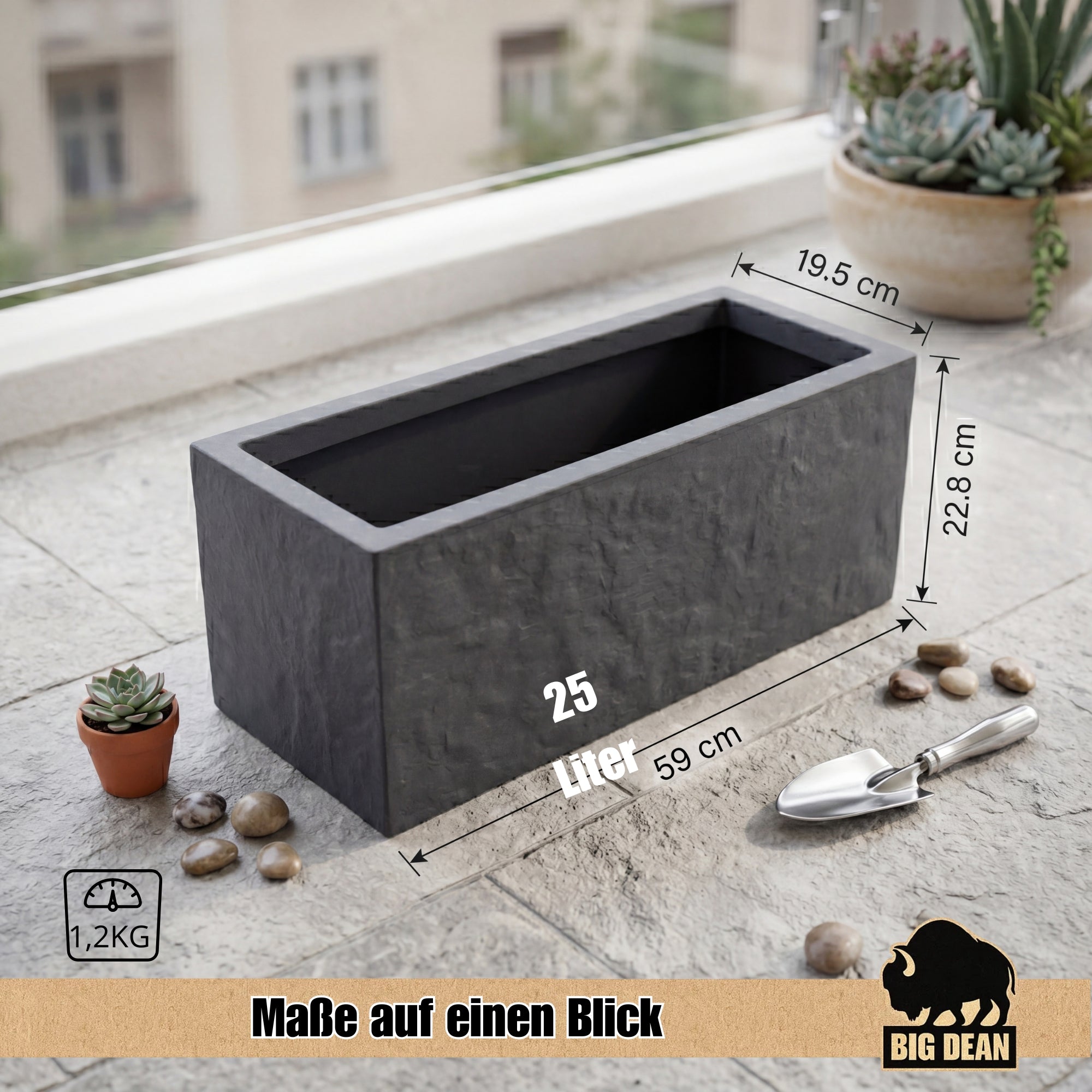 BigDean Balkonkasten 25L mit Wasserspeicher Steinoptik Pflanzkübel