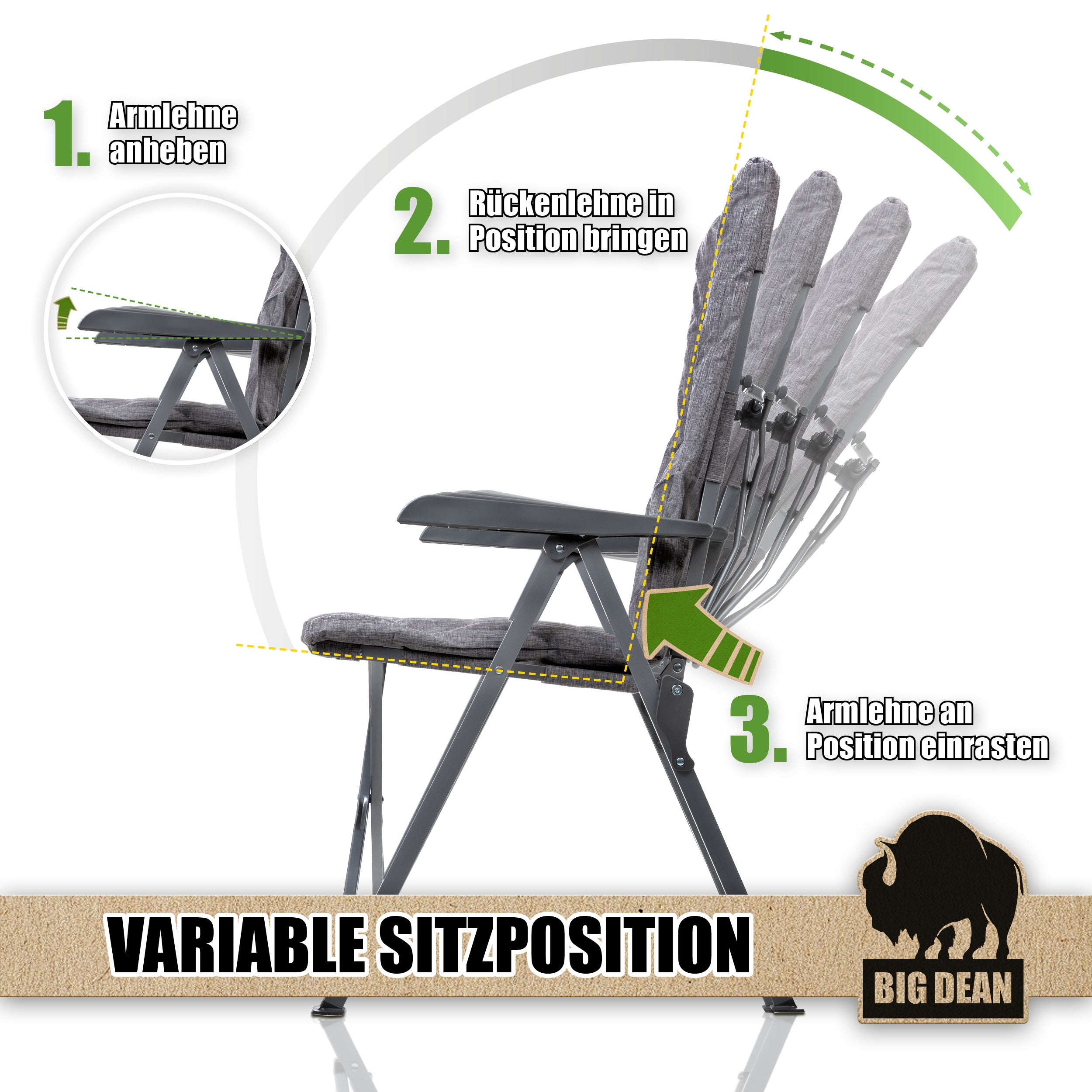 BigDean Garten Campingstuhl faltbar verstellbar Klappstuhl 150 kg