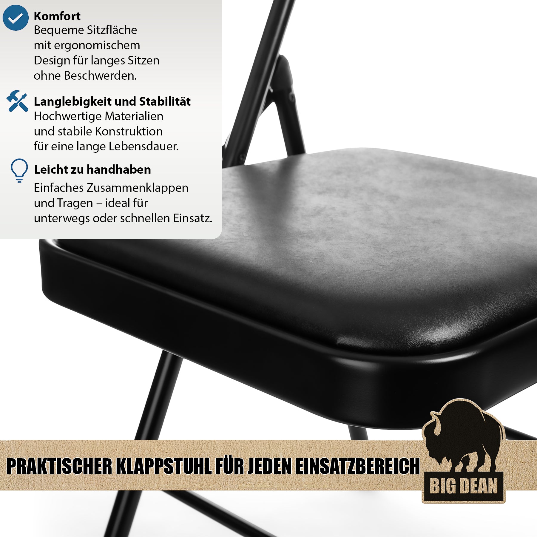 BigDean Haushalt Klappstuhl gepolstert schwarz Kunstleder 130 kg
