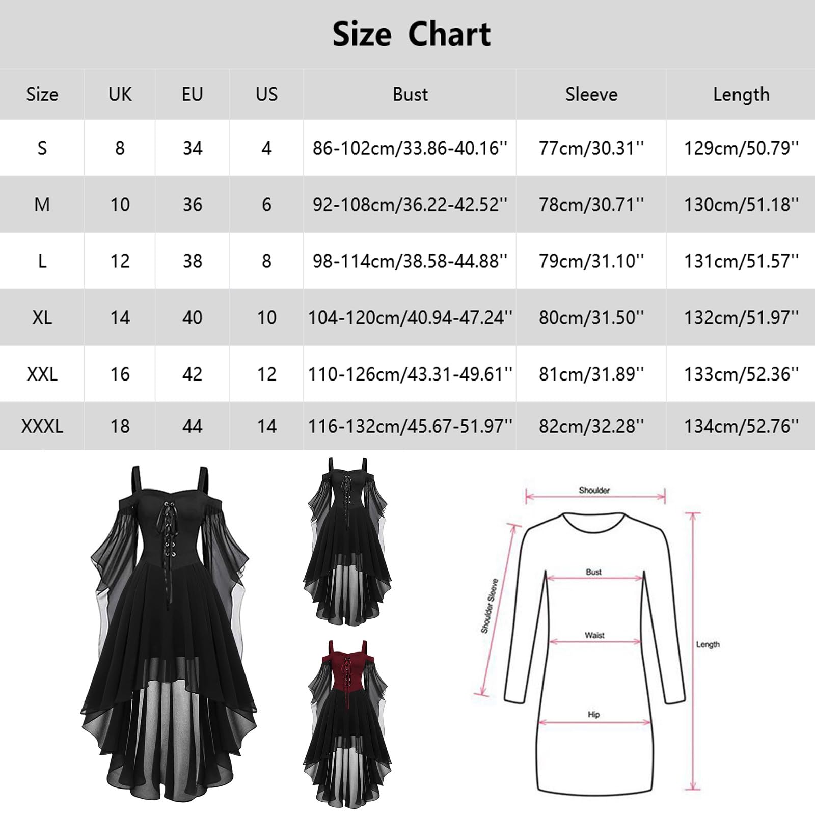 Luadnysin Dresses Halloween Kleid Gothic Schulterfrei Schwarz