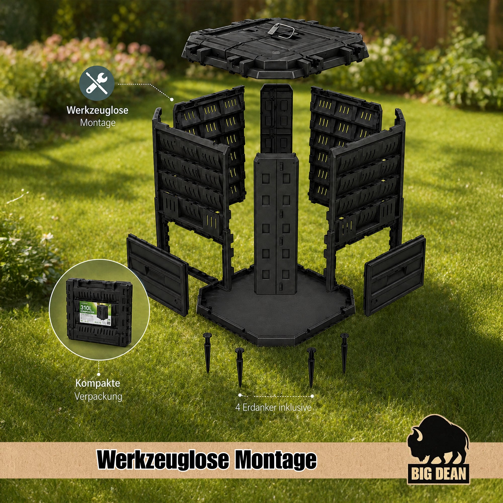 BigDean Komposter 310 Liter Garten mit Deckel Schwarz
