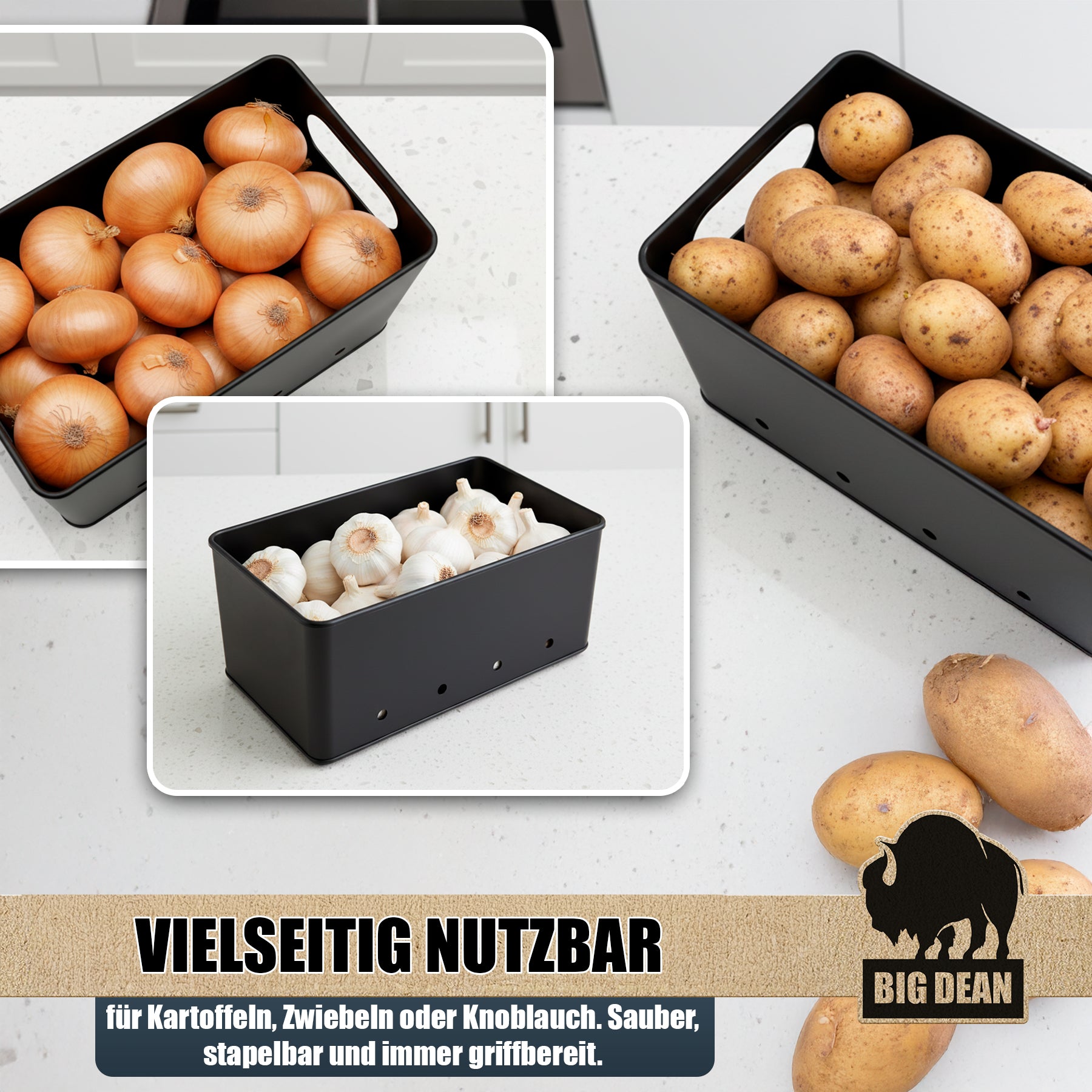 BigDean 3er Kartoffelbox Zwiebel Knoblauch Vorratsdosen Bambus