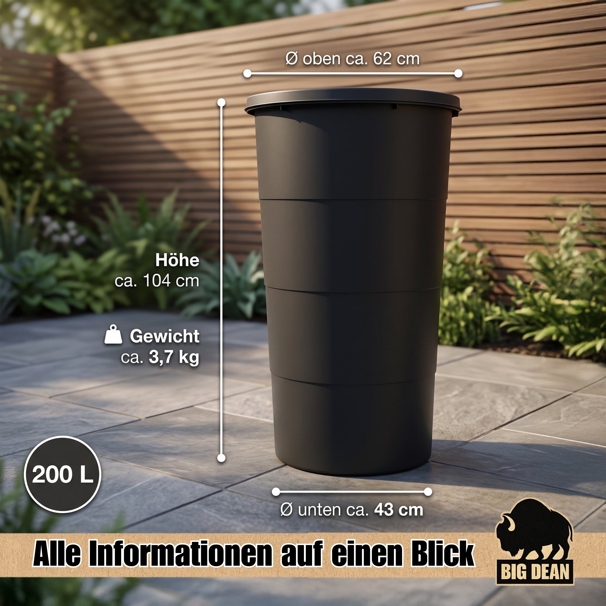 BigDean Regentonne 200L anthrazit Kunststoff mit Deckel