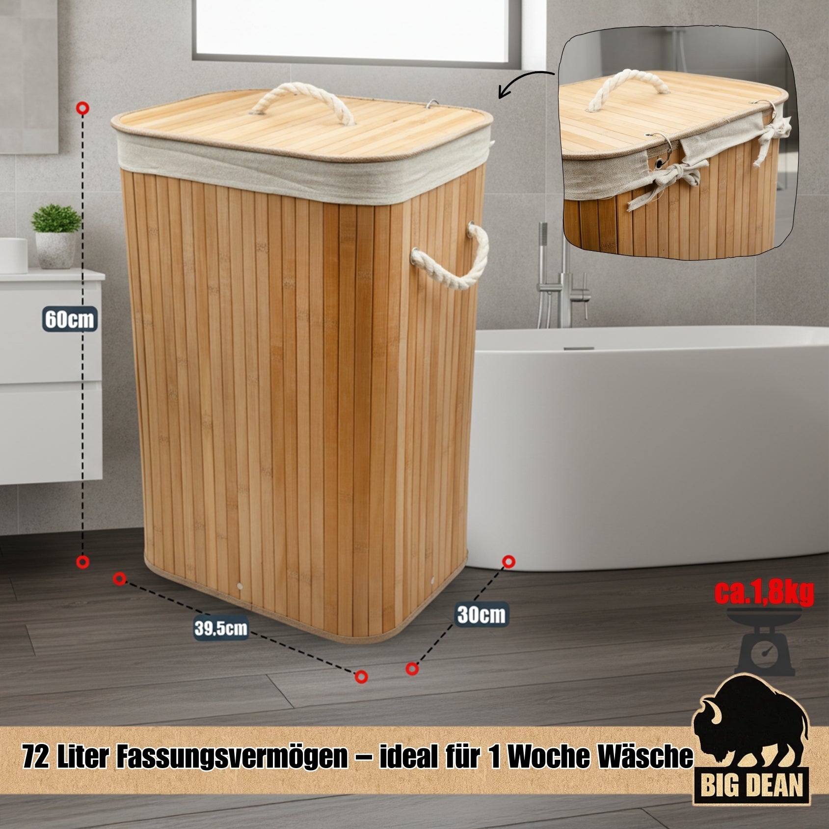BigDean Wäschekorb Bambus 72L mit Deckel Wäschesack