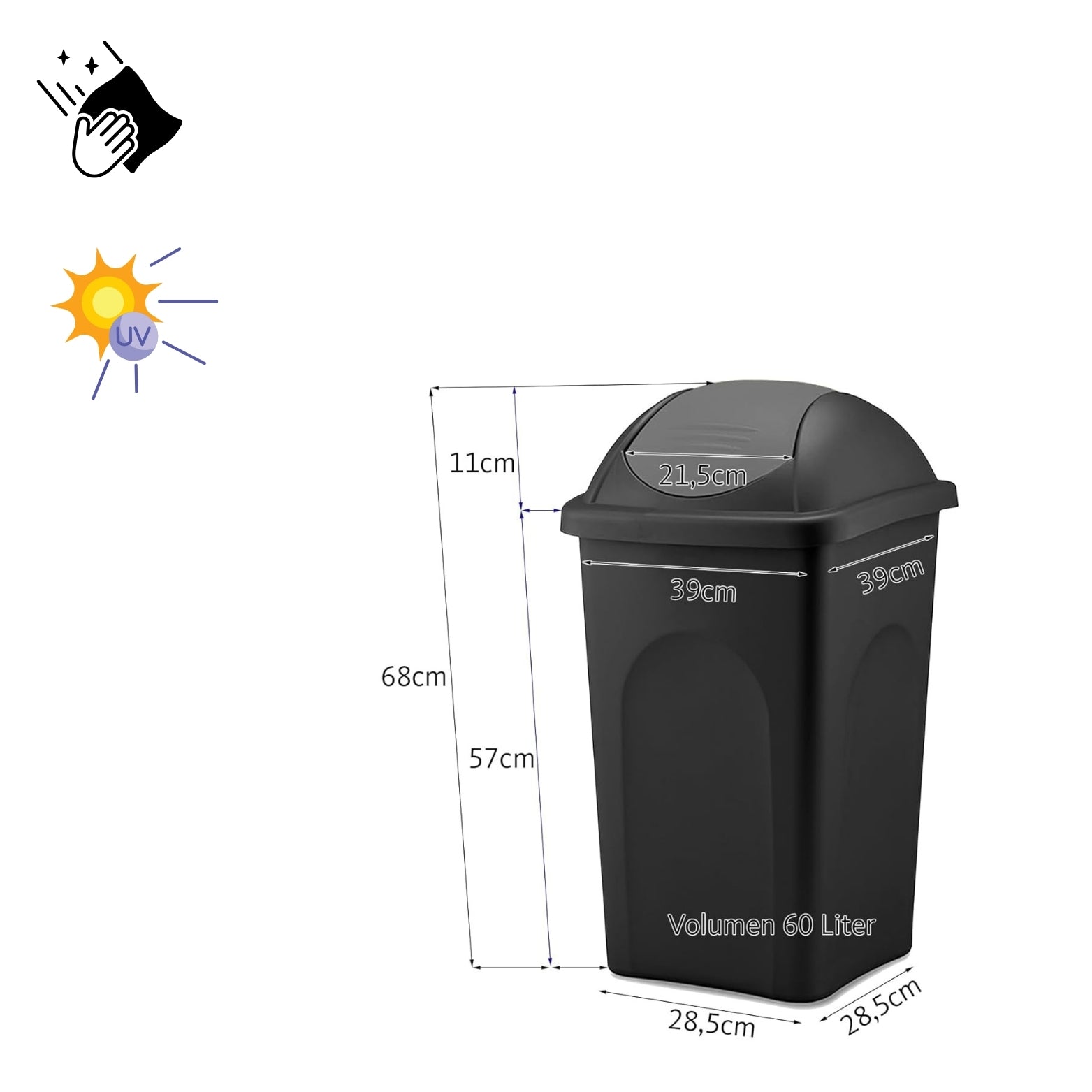 BigDean Mülleimer 60L Schwarz Schwingdeckel Kunststoff