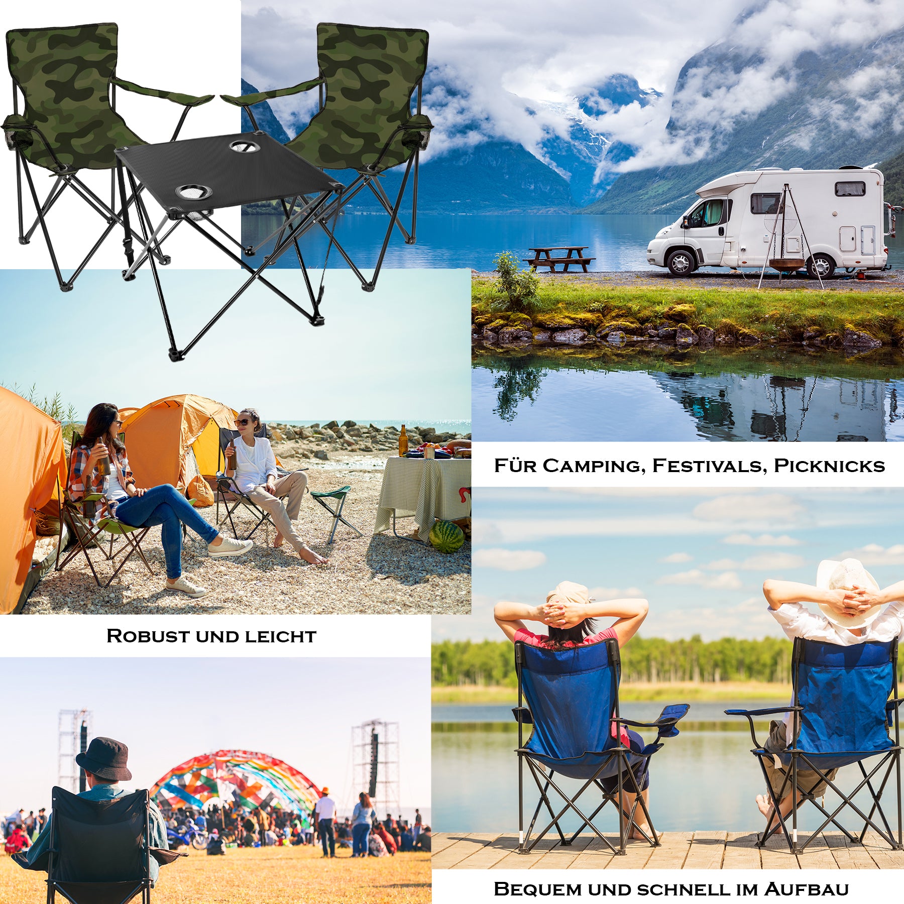 BigDean Campingtisch mit Stühlen Camping Set camouflage faltbar