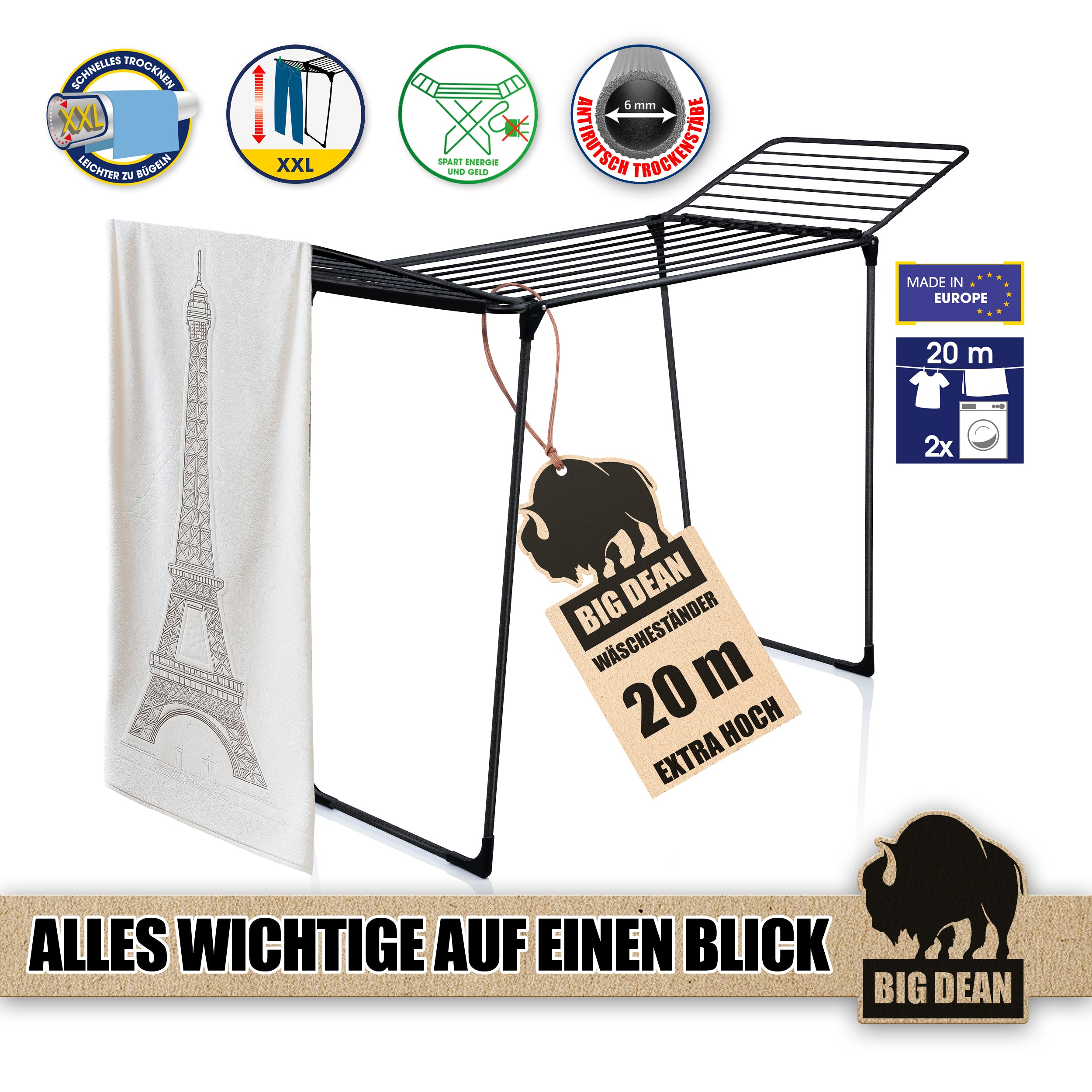 BigDean Haushalt & Alltag Wäscheständer 20m Grip extra hoch