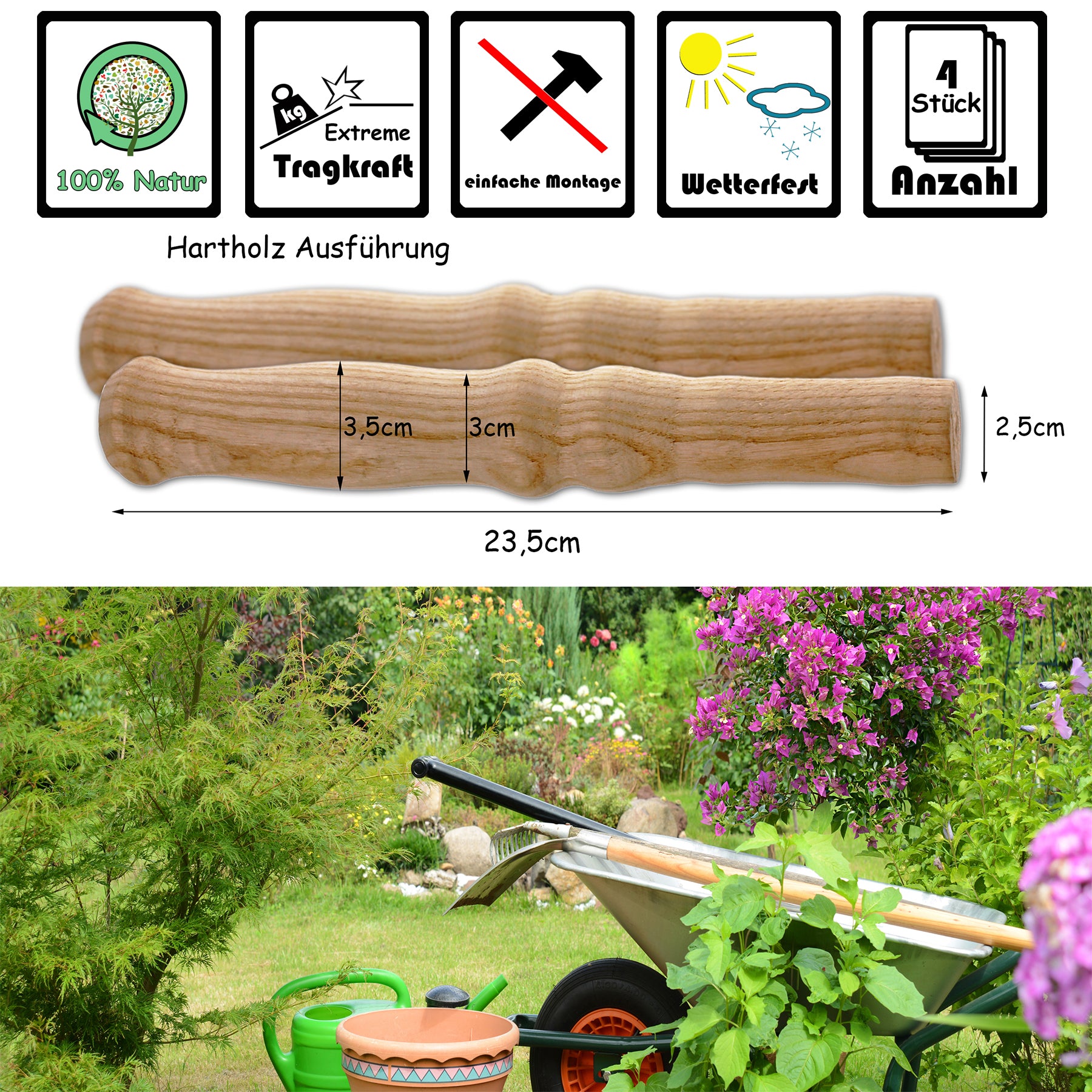 BigDean Schubkarren Griff Holz Universal 4er Set 23,5cm