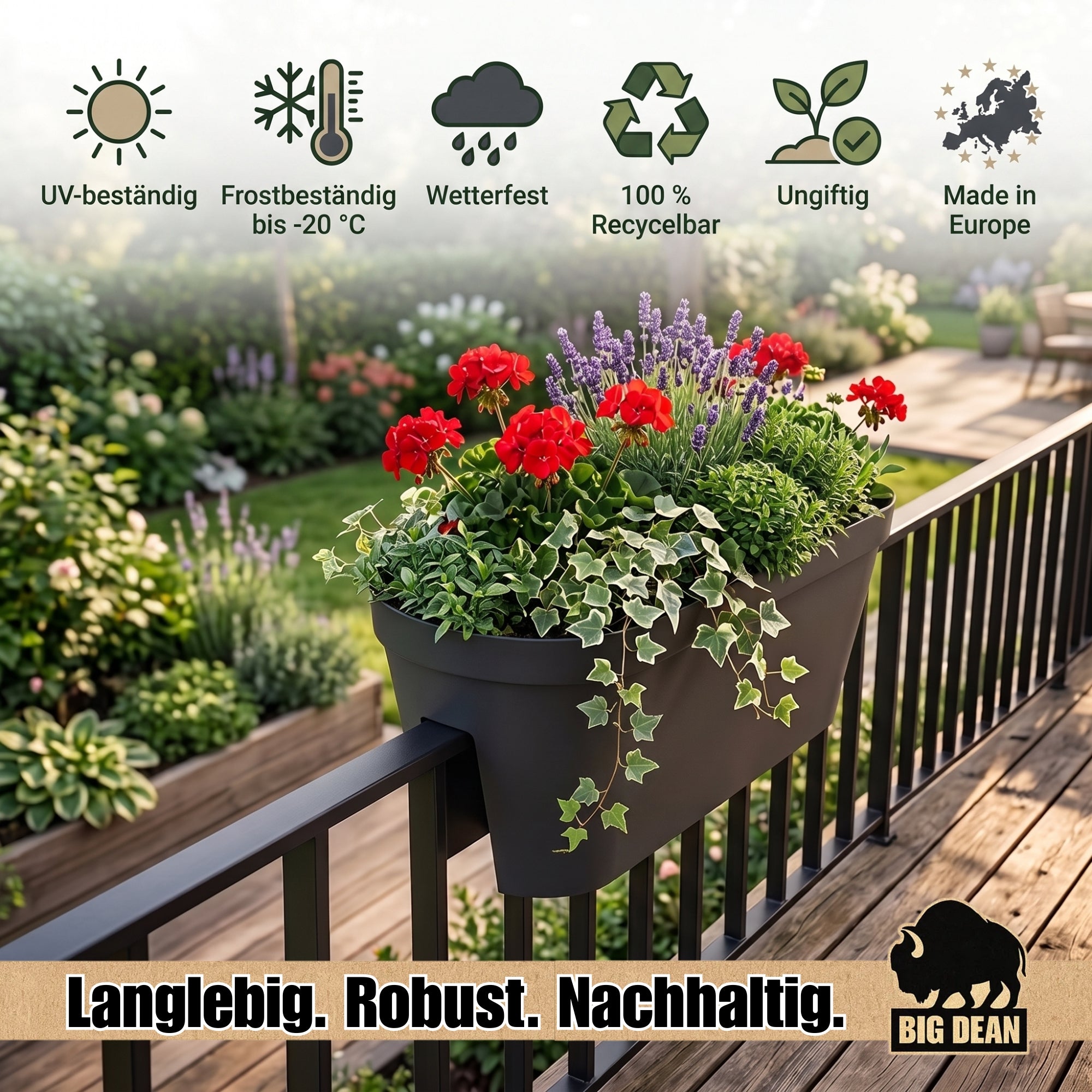 BigDean Garten Blumenkasten 60cm Anthrazit 6er mit Halterung