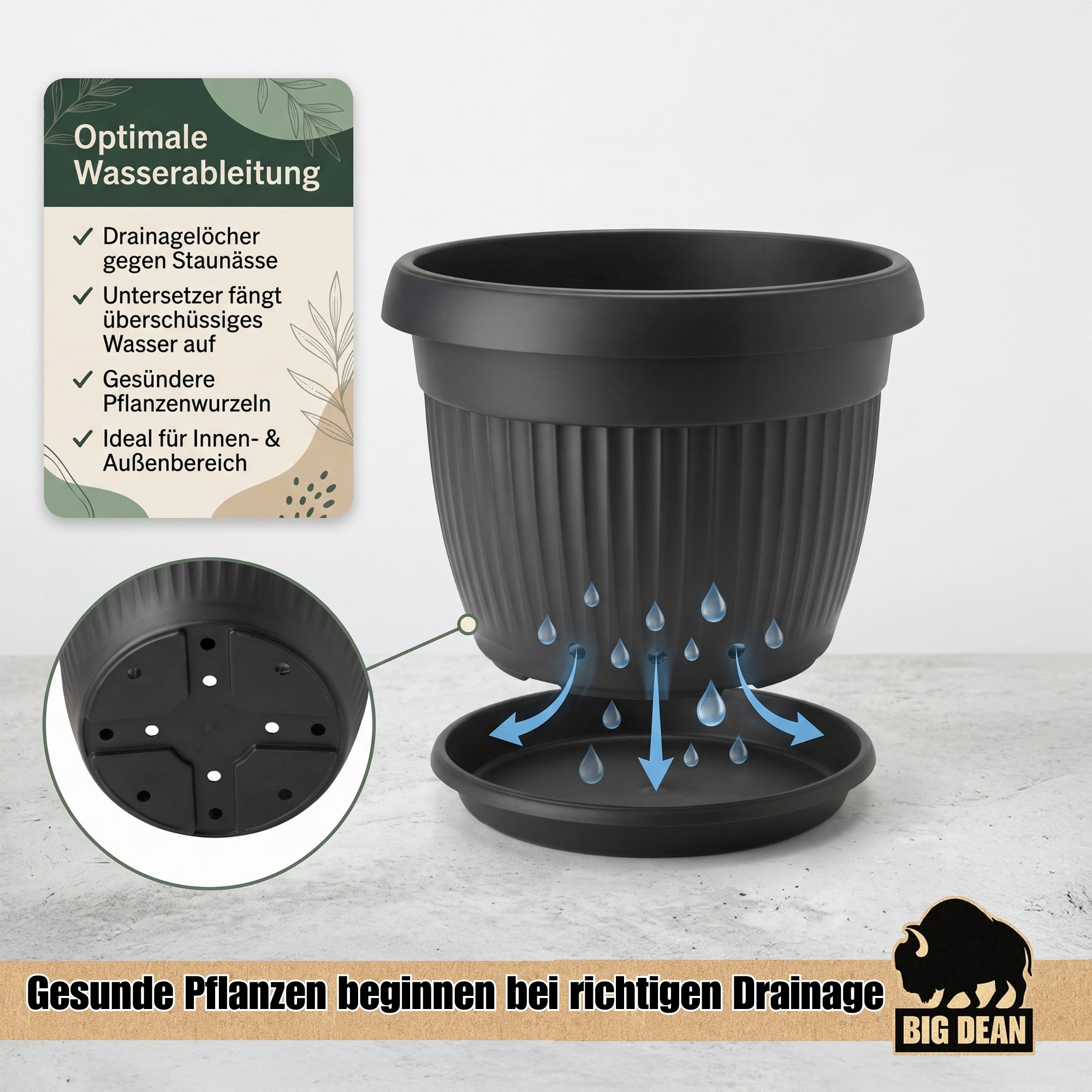 BigDean Blumentopf 62cm Anthrazit mit Untersetzer Pflanzkübel