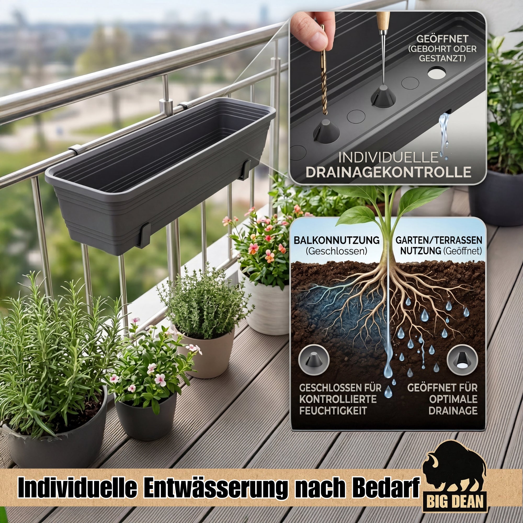 BigDean Garten Blumenkasten 60cm anthrazit 3er mit Halter