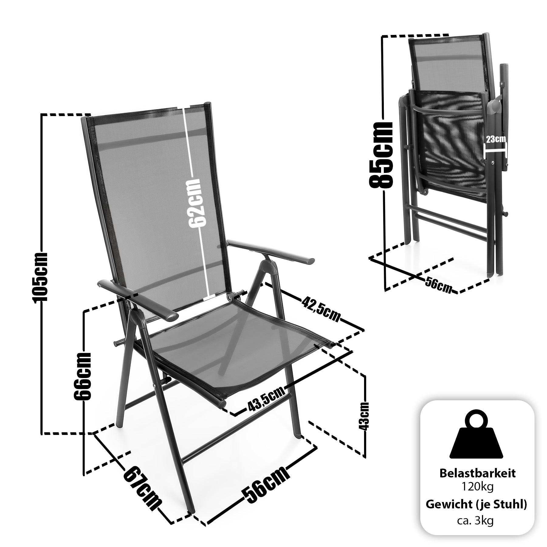 BigDean Gartenstühle 4er Set Dunkelgrau 120kg verstellbar