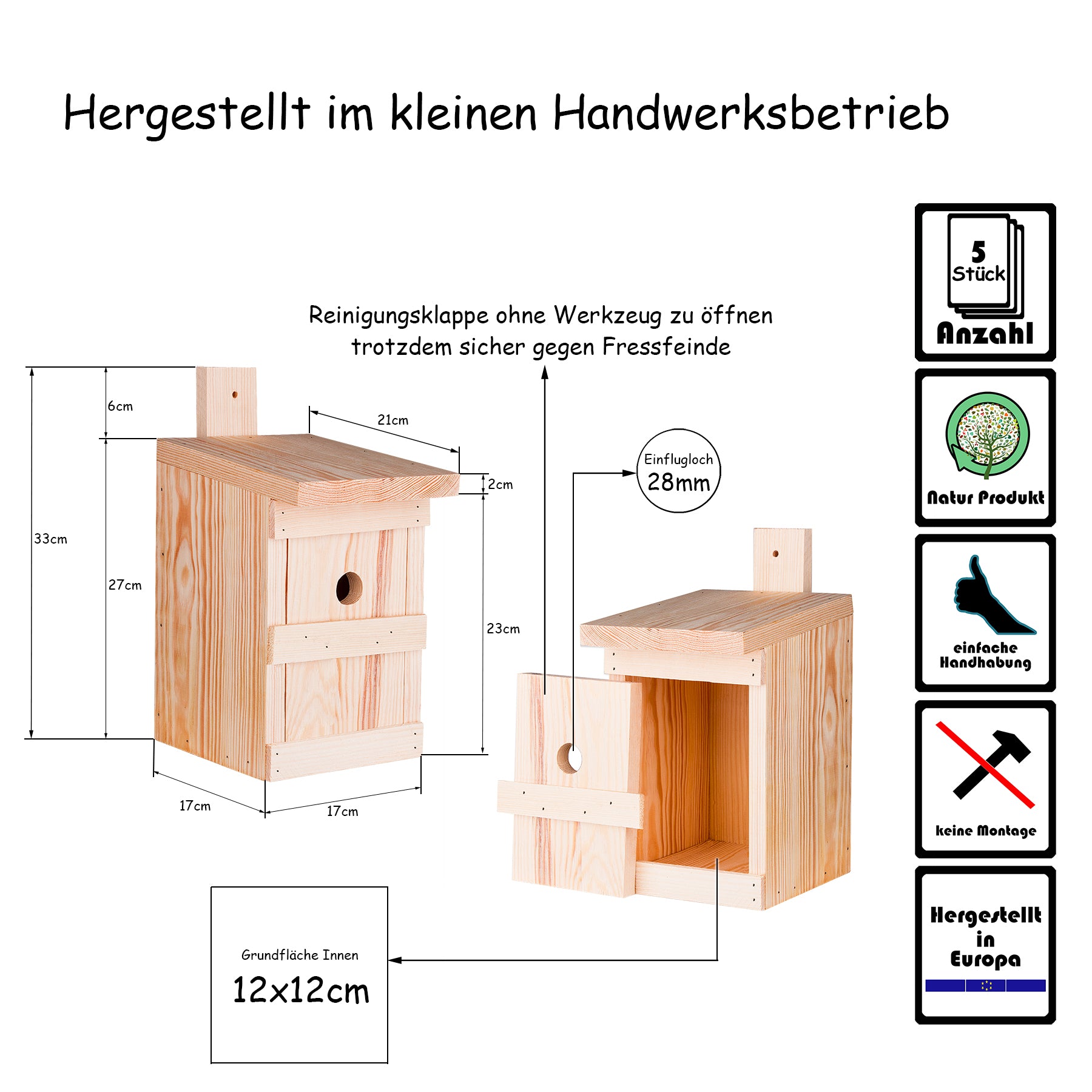 BigDean Nistkasten 5er Meisen Massivholz Vogelhaus 28mm