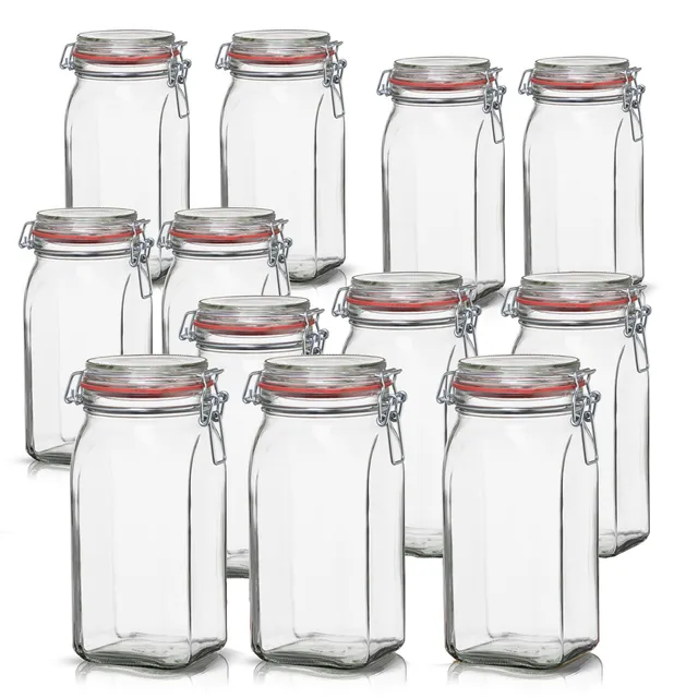 BigDean Vorratsgläser 1,5L 12er Set eckig Bügelverschluss