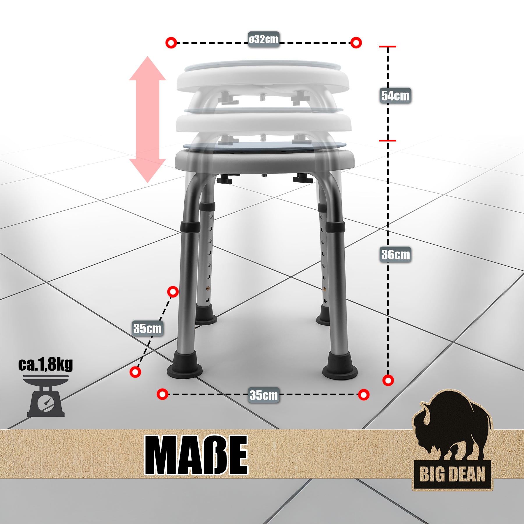 BigDean Bad Duschhocker 360° drehbar höhenverstellbar bis 136kg