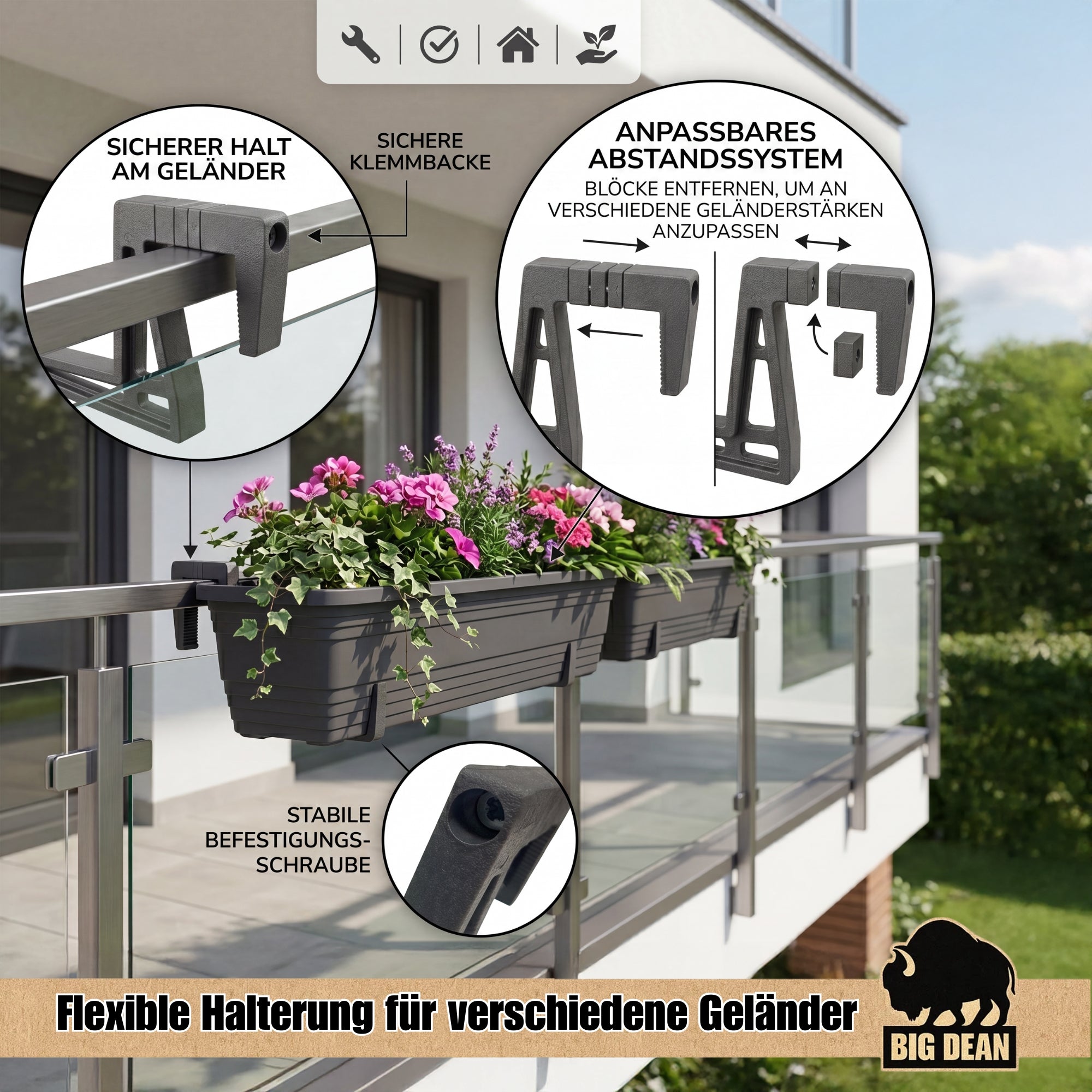 BigDean Garten Blumenkasten 60cm anthrazit 3er mit Halter