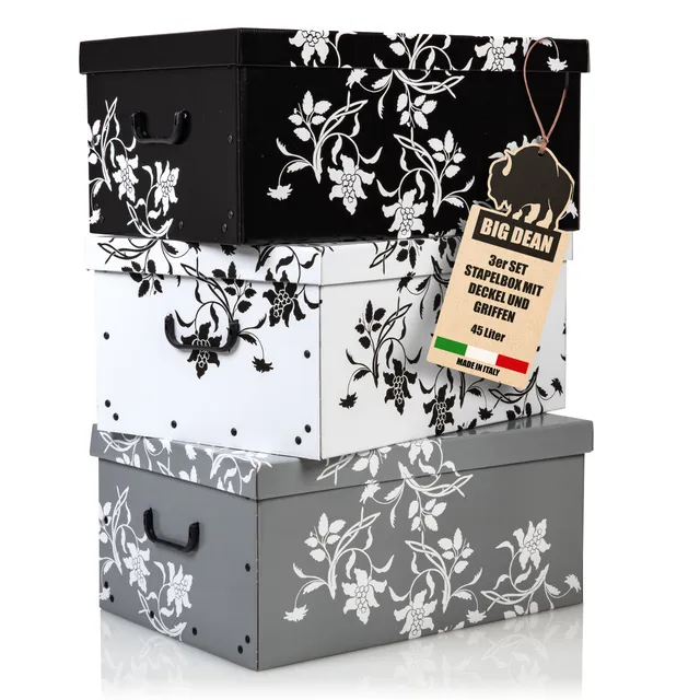 BigDean Aufbewahrungsbox Pappe 45 L Deckel 3er Set 49x39x24