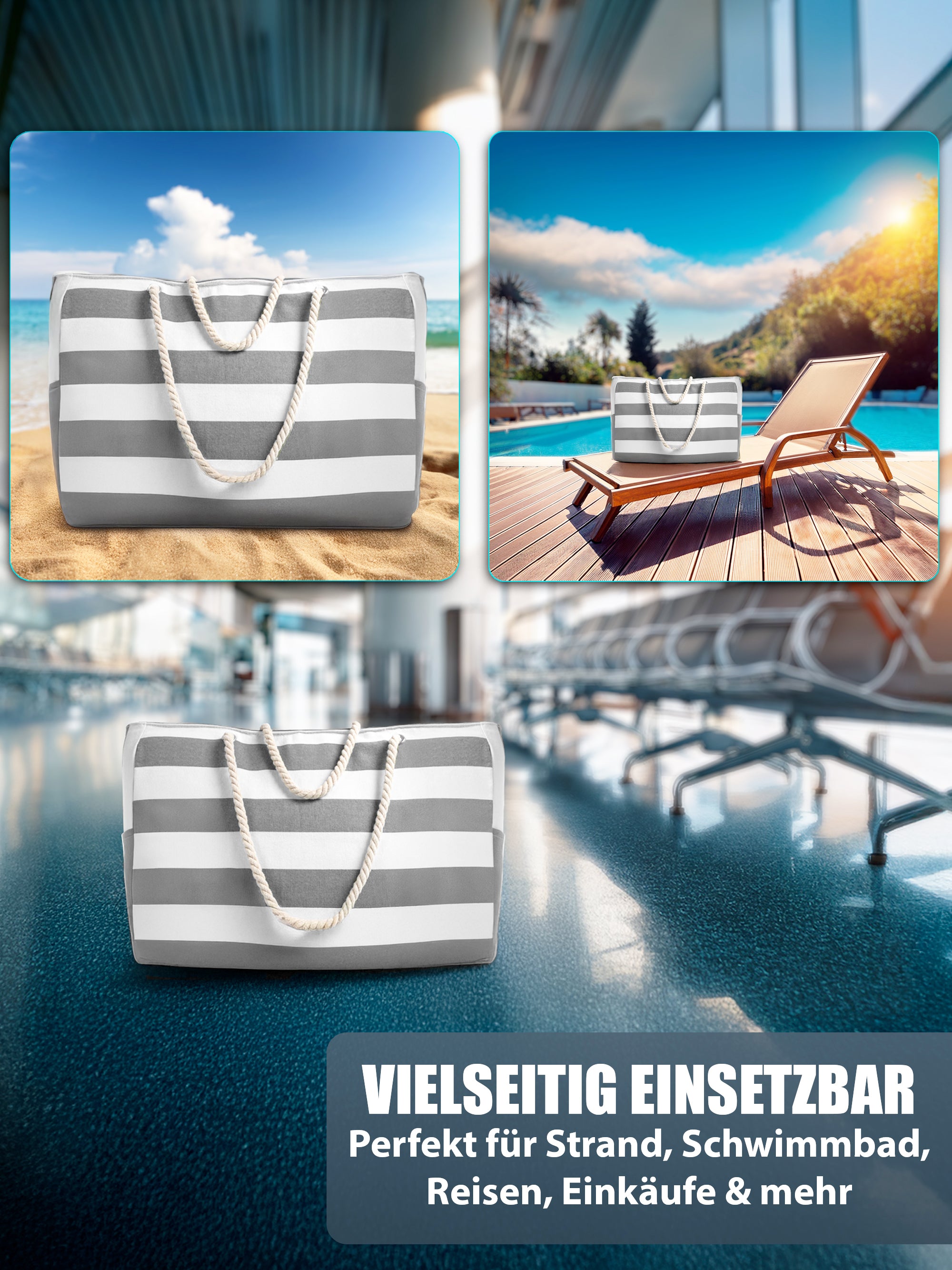 BigDean Strandtasche XXL Badetasche mit Reißverschluss 53x38cm