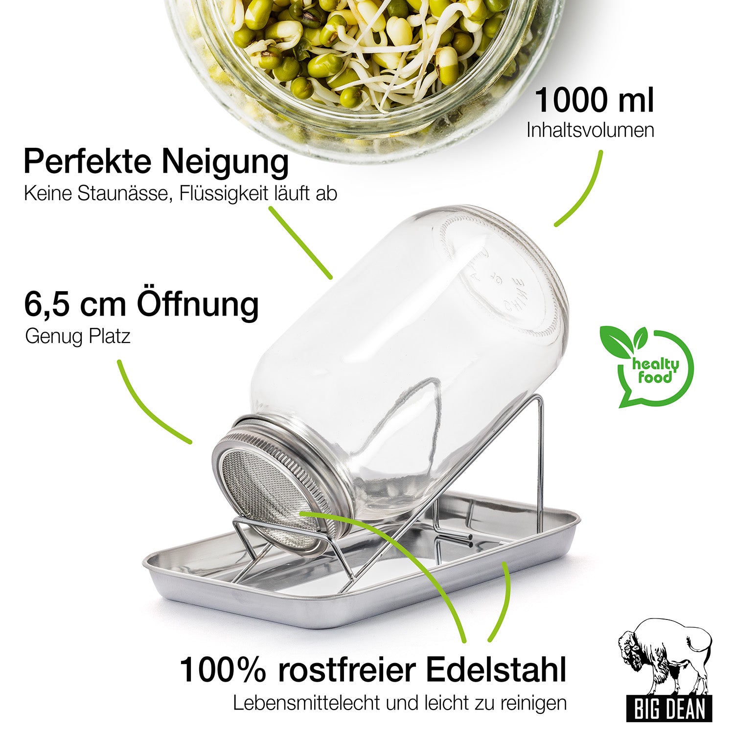 BigDean Sprossenglas Keimglas Set 1000ml mit Ständer