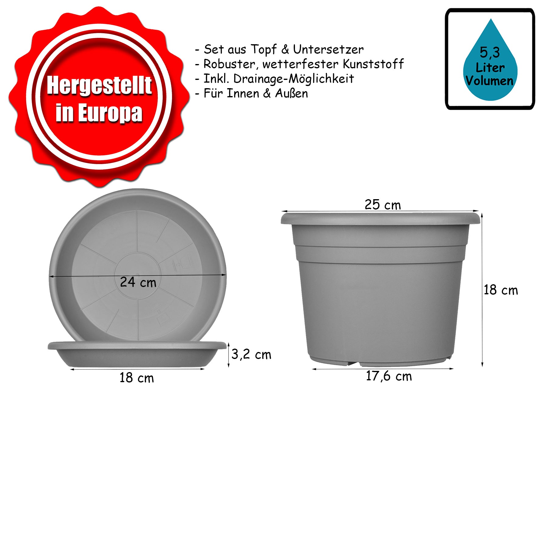 BigDean Blumentopf Ø 25cm Terrakotta 3er Set mit Untersetzer