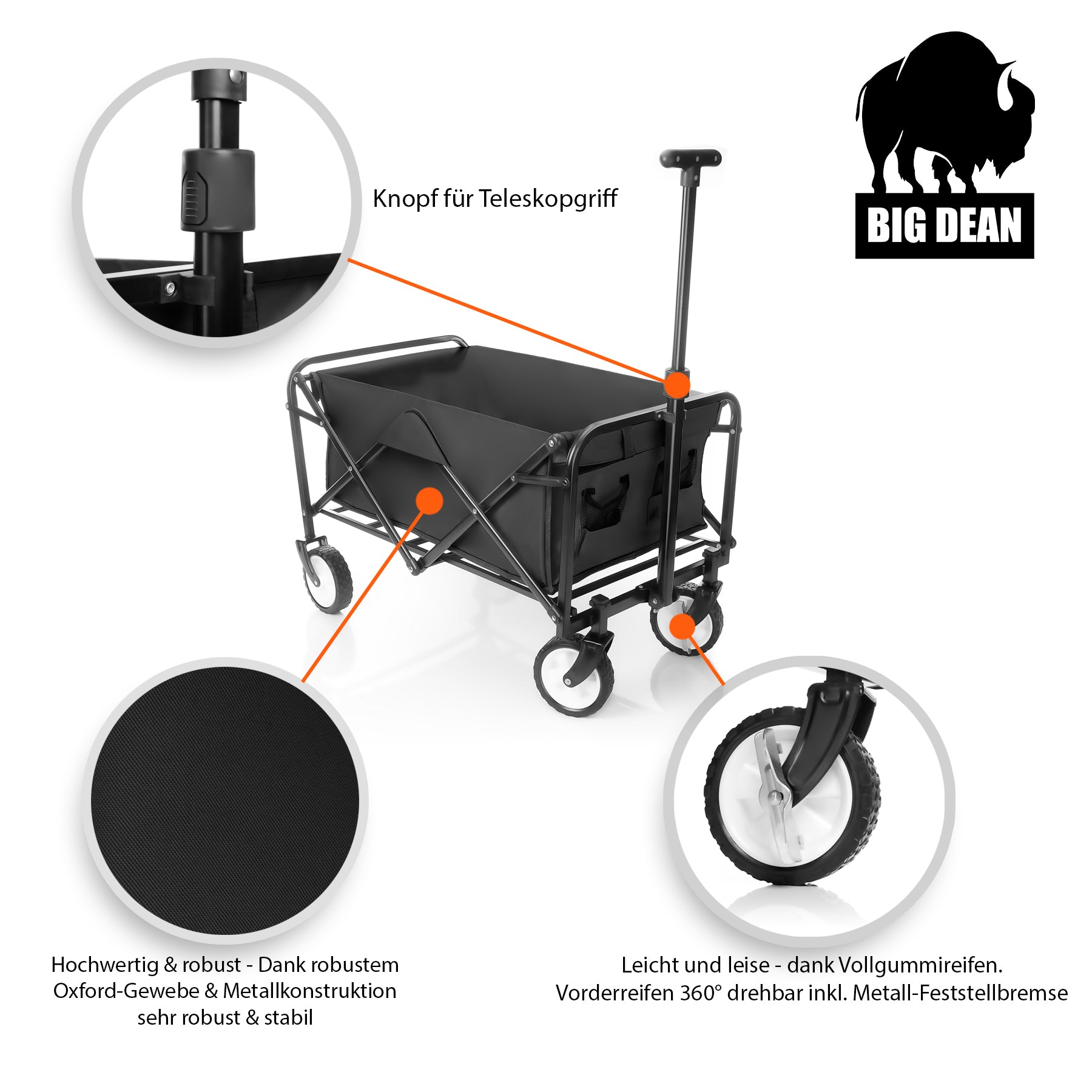 BigDean Garten Bollerwagen faltbar schwarz 80kg belastbar
