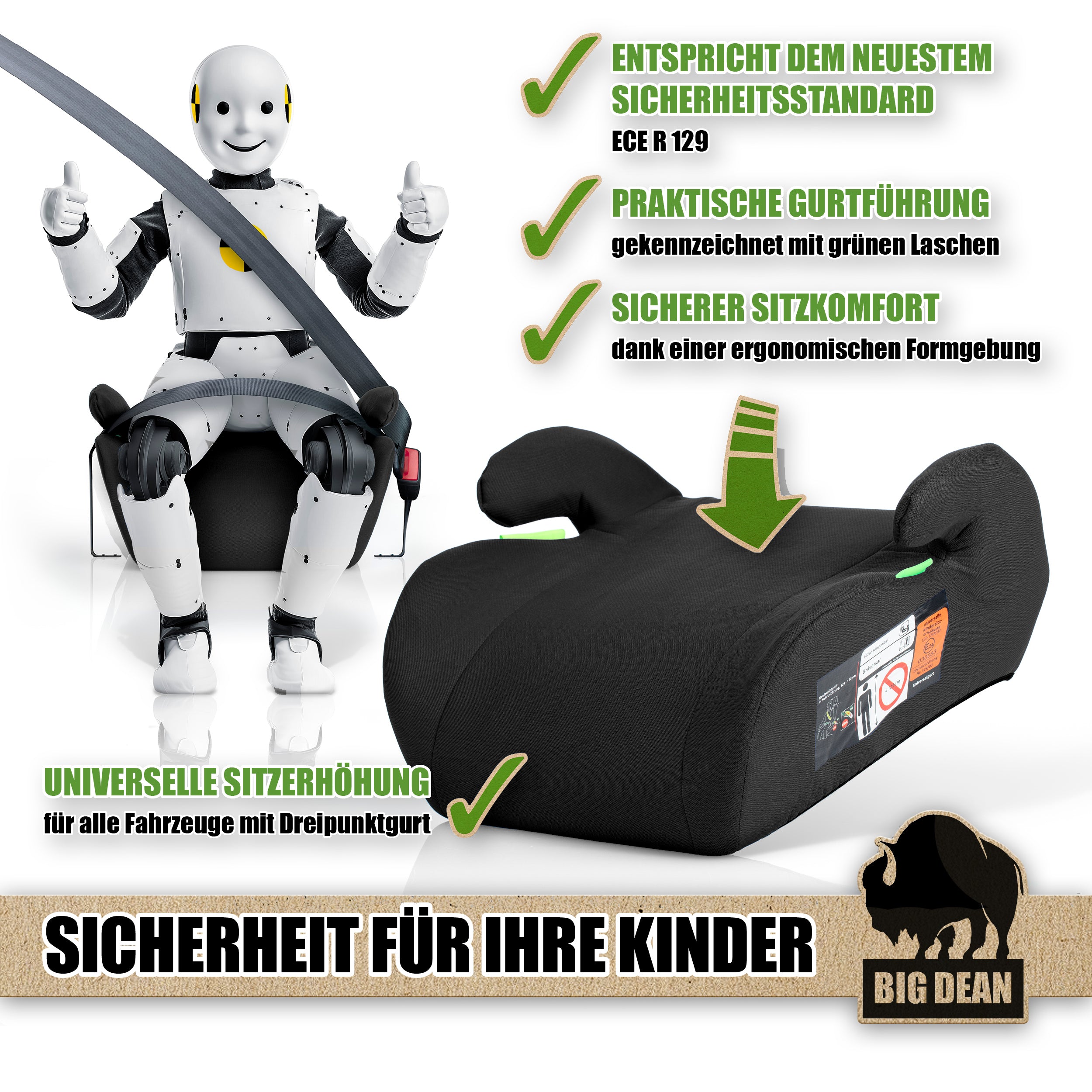 BigDean Sitzerhöhung R129 i-Size Kindersitz schwarz 2 Stück 125-150cm