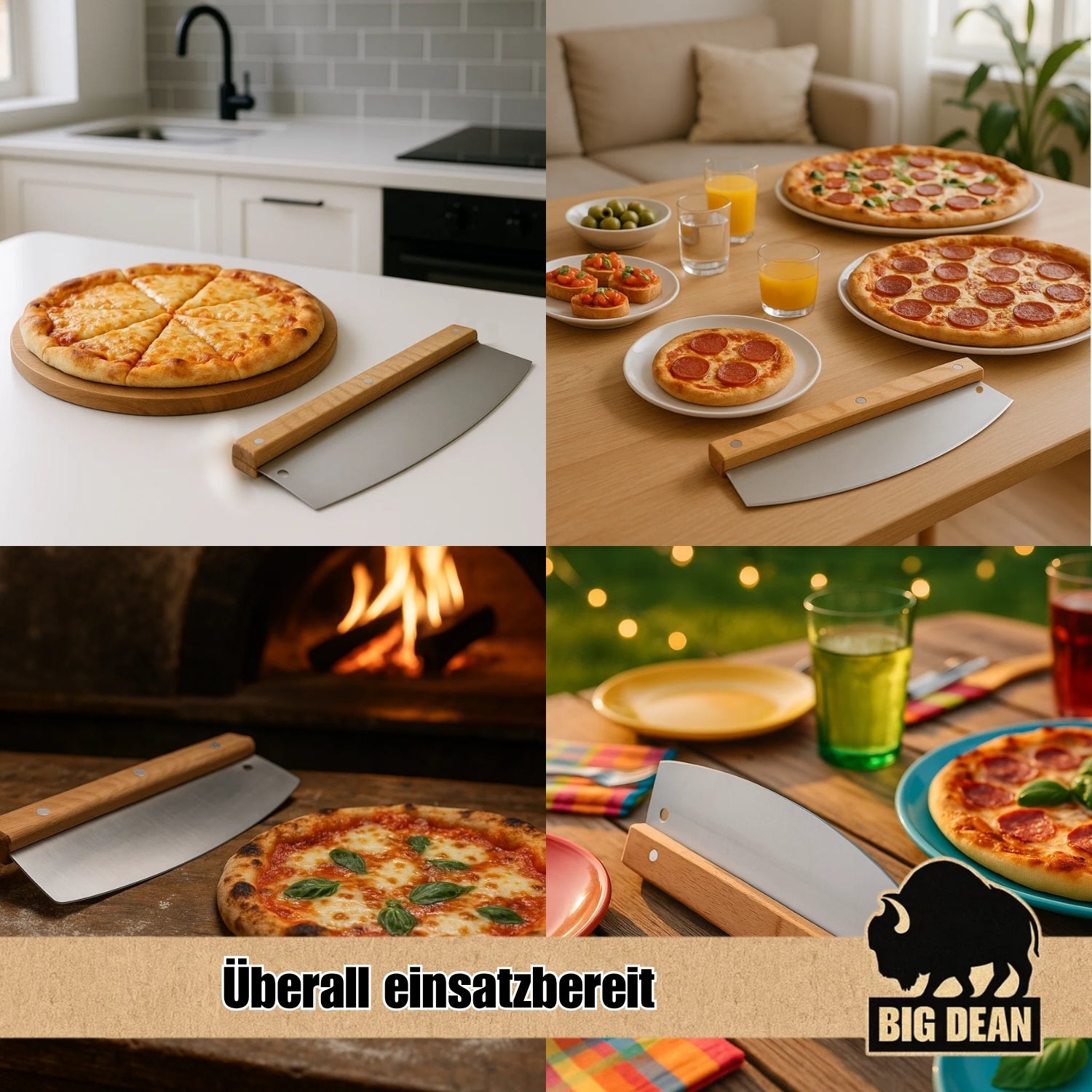 BigDean Pizzamesser Wiegemesser 32 cm Edelstahl Holzgriff