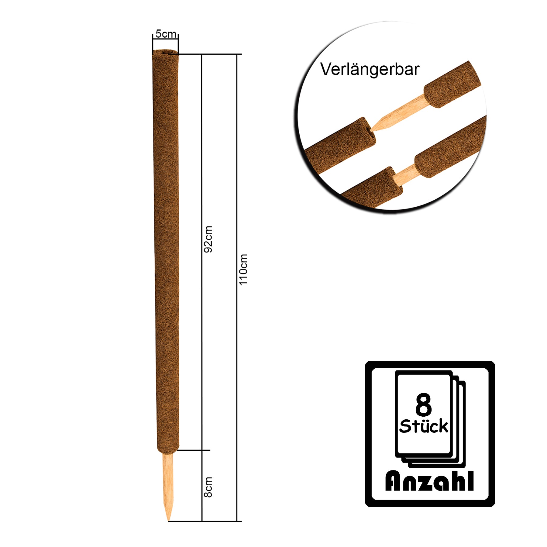 BigDean 8er Pflanzstäbe Kokos 110 cm Rankhilfe