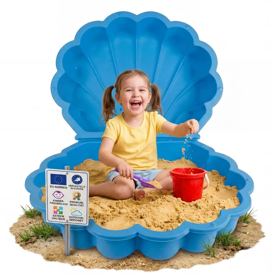 BigDean XXL Sandmuschel Sandkasten mit Deckel Blau