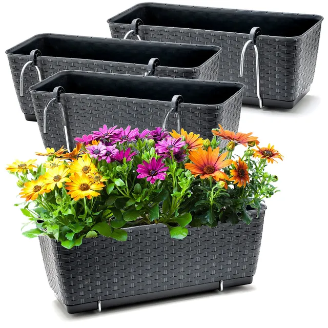 BigDean Blumenkästen 39cm Anthrazit Rattan 4er Set Bewässerung