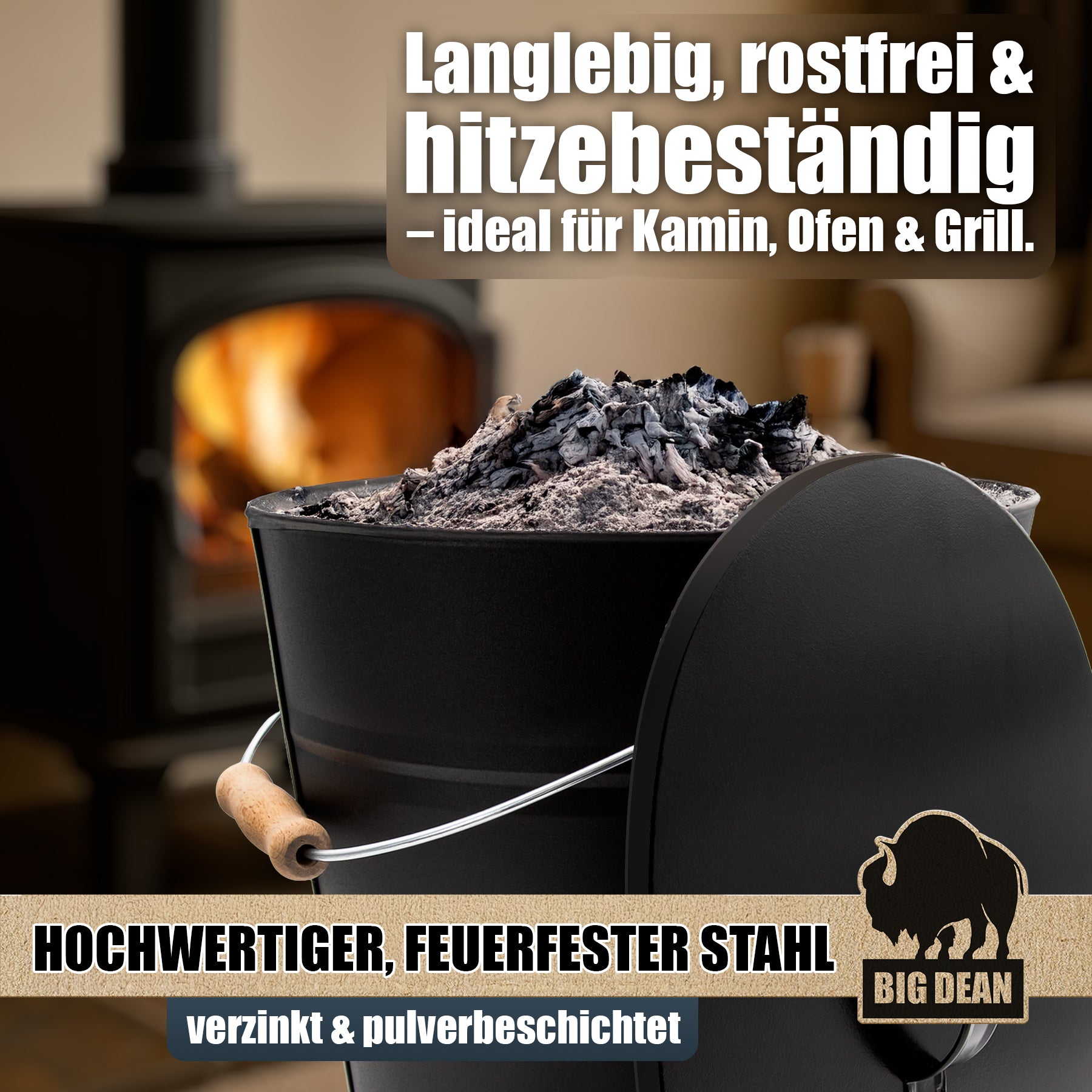BigDean Haushalt Ascheeimer Deckel 15 Liter Oval Metall