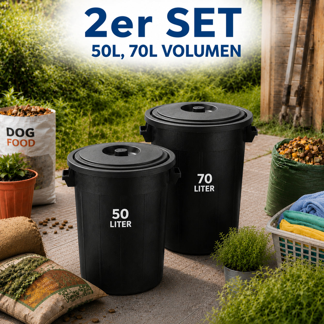 BigDean Universaltonne 70+50 Liter Set Tonne Schwarz mit Deckel